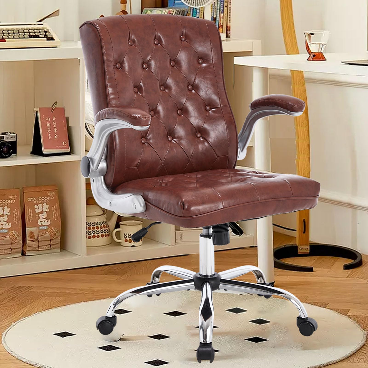 Mid-Back Office Chair, Ergonomic Executive Desk Chairs With Flip Up Arm, Modern Pu Leather Swivel Chair, Mid Century Rocking Hom