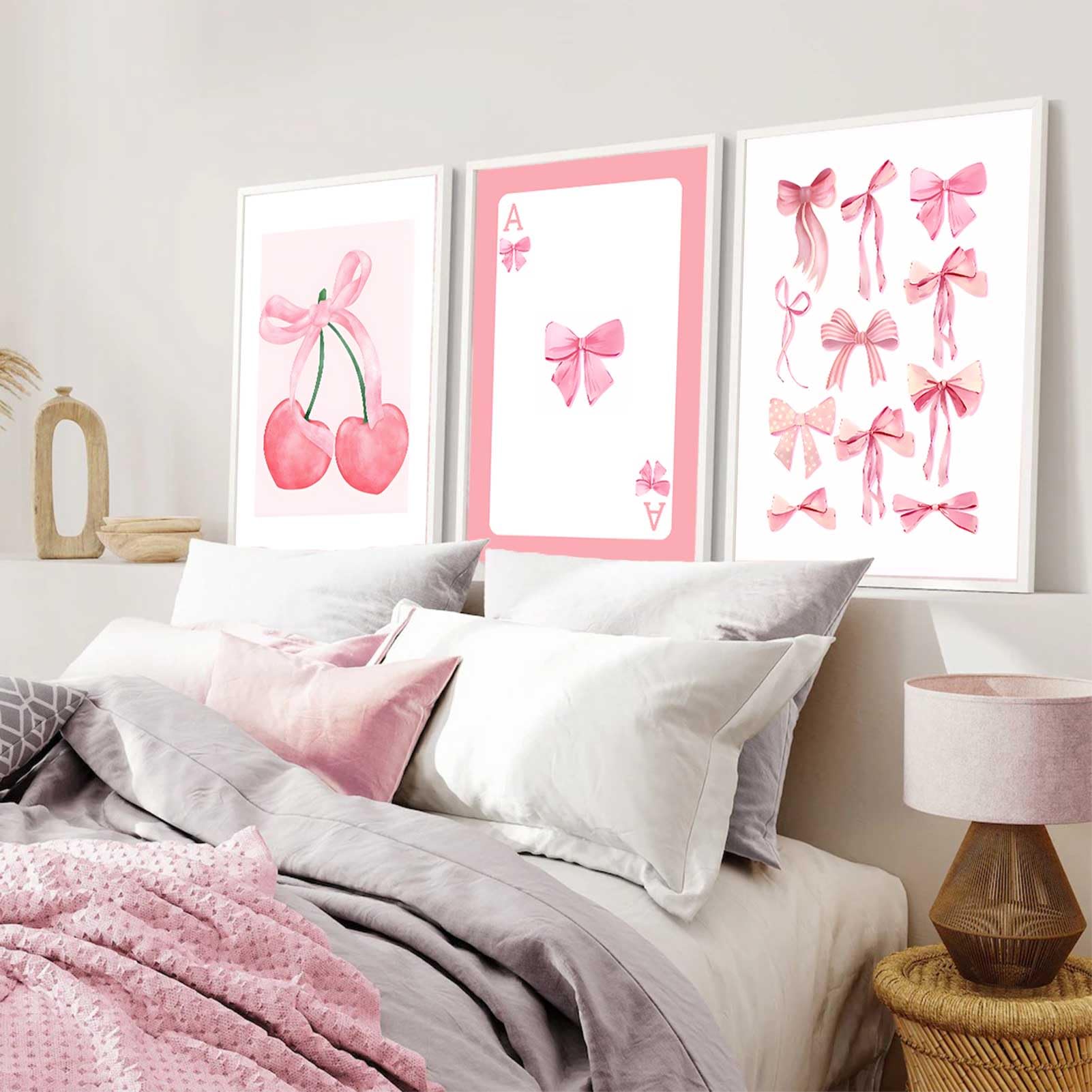 3Pcs Trendy Pink Bows Wall Art Preppy Watercolor Bows Canvas Posters Prints Girly Aesthetic Wall Decor Pictures for College Apar