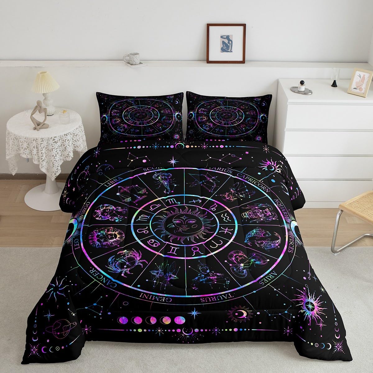 Sun And Moon Bedding Set Full Size,Starry Galaxy Zodiac Constellation Comforter Set 3Pcs For Kids Boys Girls Room Decor,Neon Blu