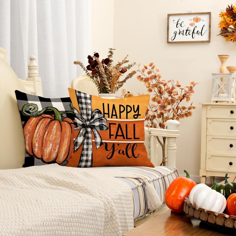 Geeory Fall Pillow Covers 18 X 18 Inch Set Of 4, Buffalo Bowknot Pumpkin Maple Leaf Decorative Throw Cushion Cases Farmhouse Tha