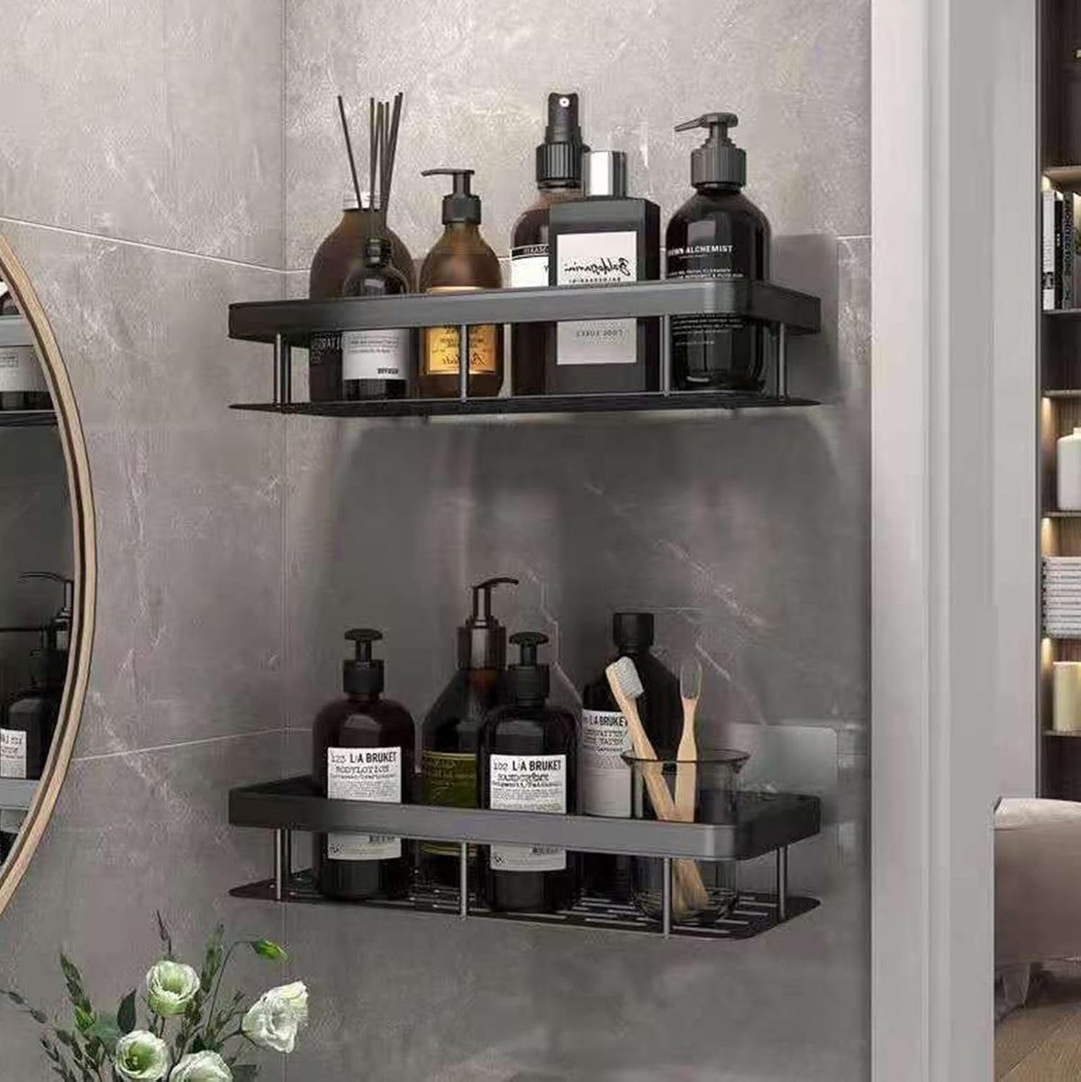 NEXORA SelfAdhesive Multipurpose Wall Mounted Bathroom Shelves|SpaceSaving Storage Organizer Racks for Bathroom and Kitchen Ac