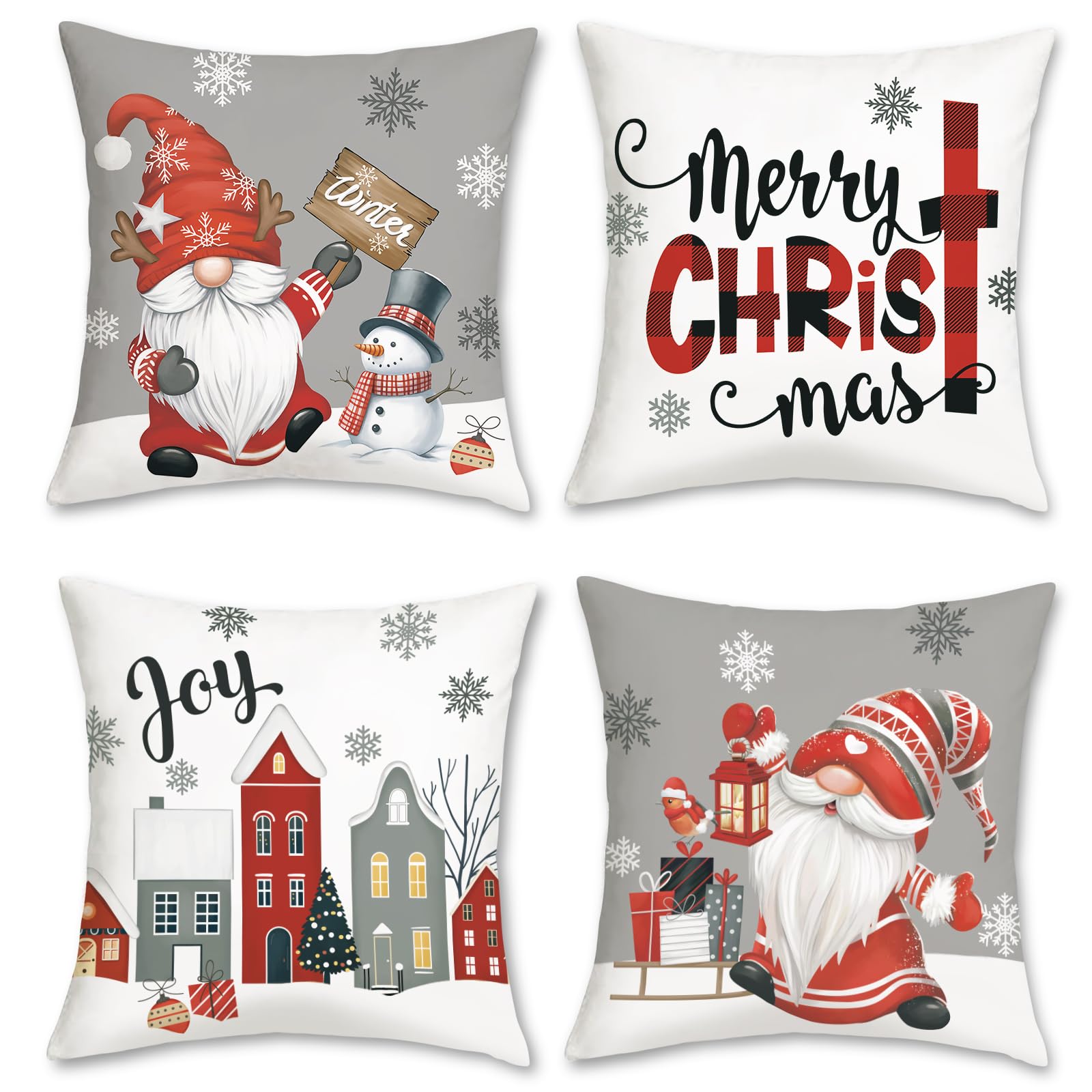 Bonhause Grey Merry Christmas Throw Pillow Covers 18 X 18 Inch Joy Gnomes Snowflakes Snowman Decorative Pillow Cases For Couch S