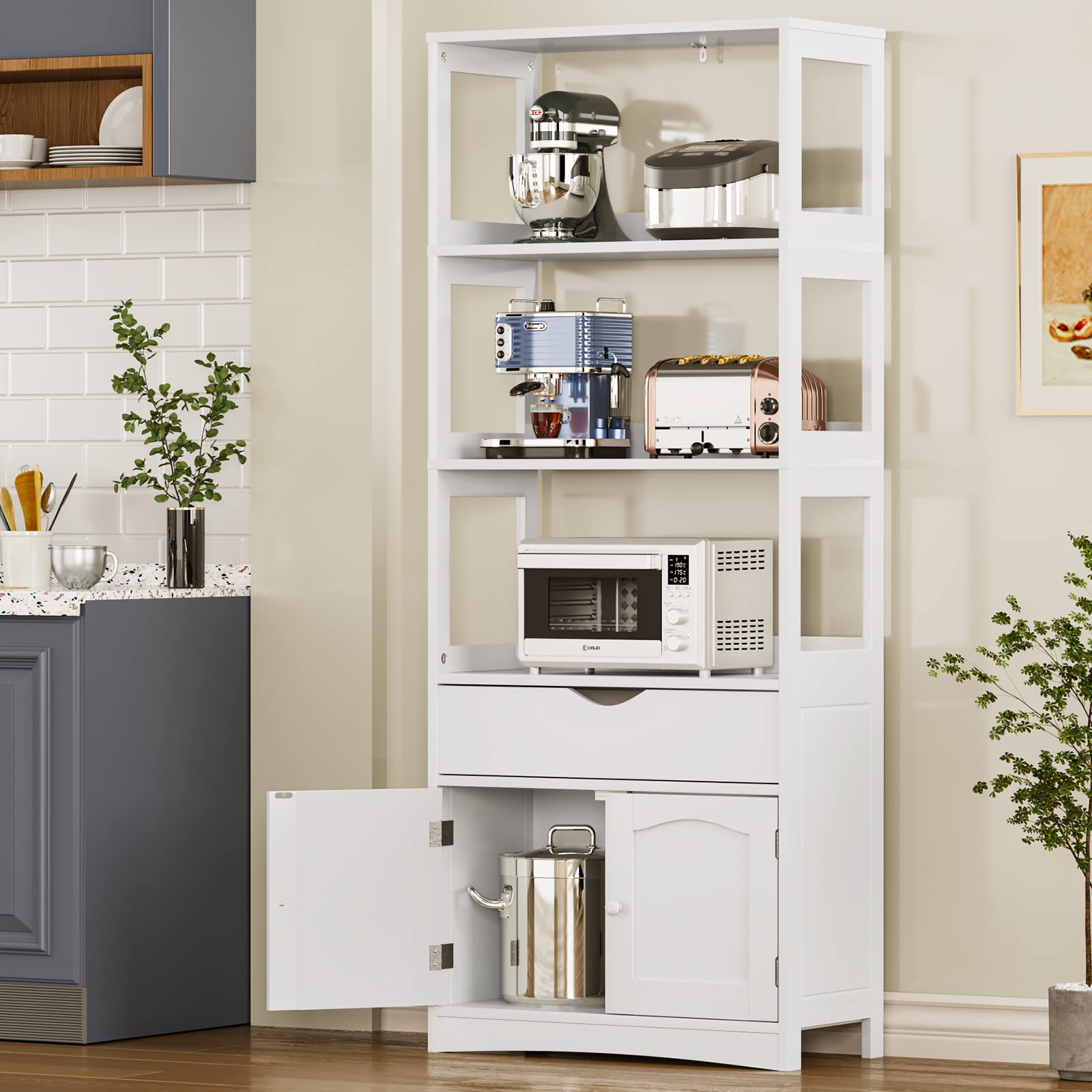 DICTAC Kitchen Pantry Storage Cabinets Freestanding Tall Bathroom Cabinet with Shelves and Drawer 64  H Sideboard Microwave Sp