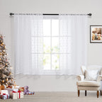 MYSKY HOME 52W x 45L White Pom Pom Short Curtains - Sheer Kitchen & Living Room Window Panels, 2 Sets, Perfect for Nursery & Kids