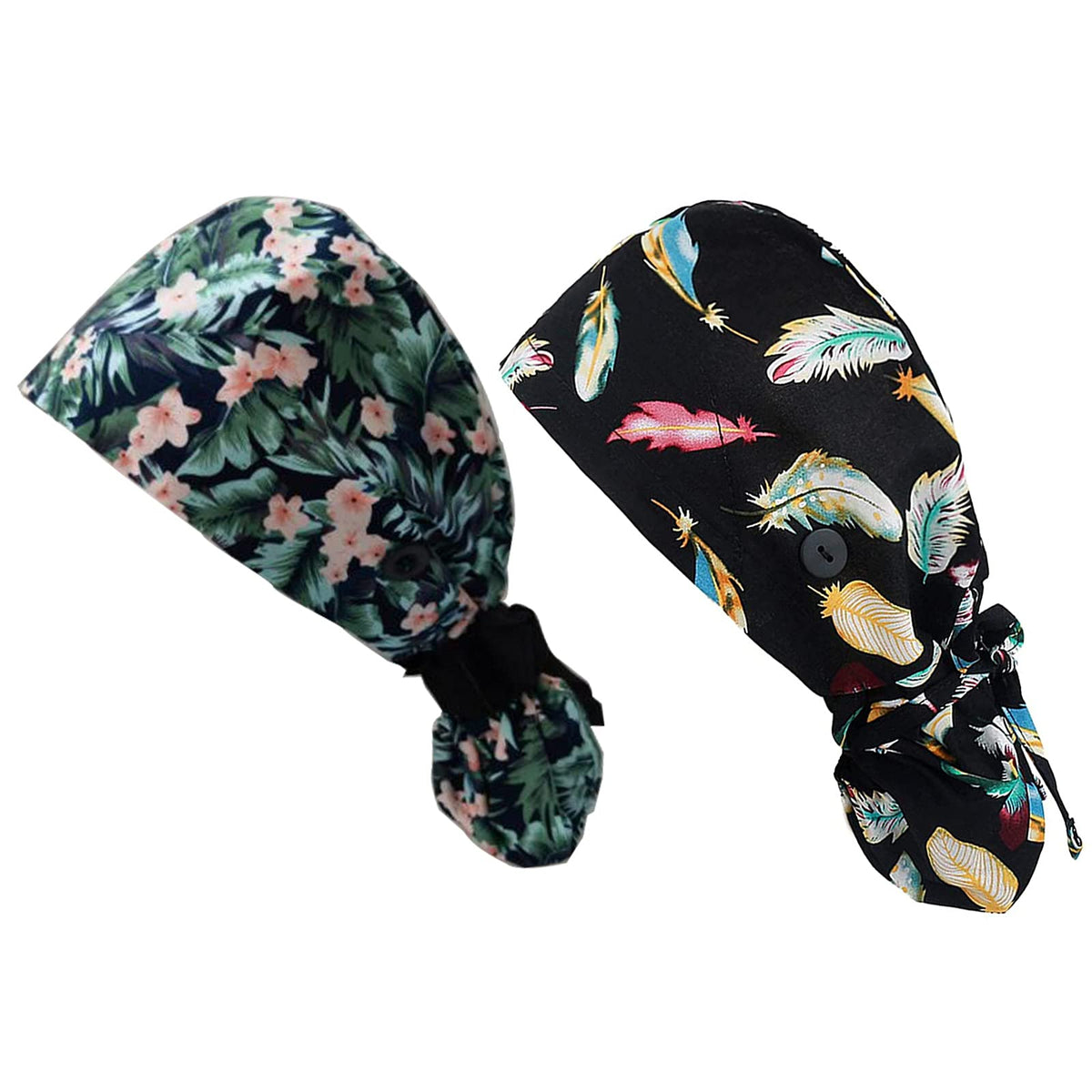 Ponytail Scrub Cap Women with Buttons Bouffant Chemo Hats Cancer Headwear Head Scarfs Nurse Working Cap and Ribbon Tie Long Hair