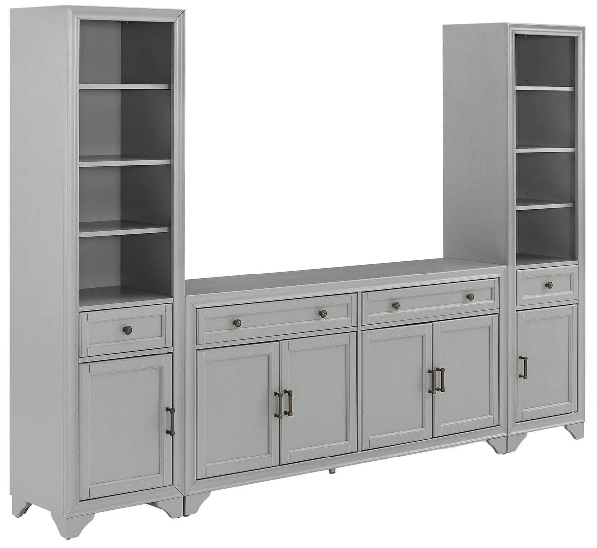 Crosley Furniture Tara 3-Piece Modern Farmhouse Sideboard Buffet Cabinet and Bookcase Set with Storage, Distressed Gray