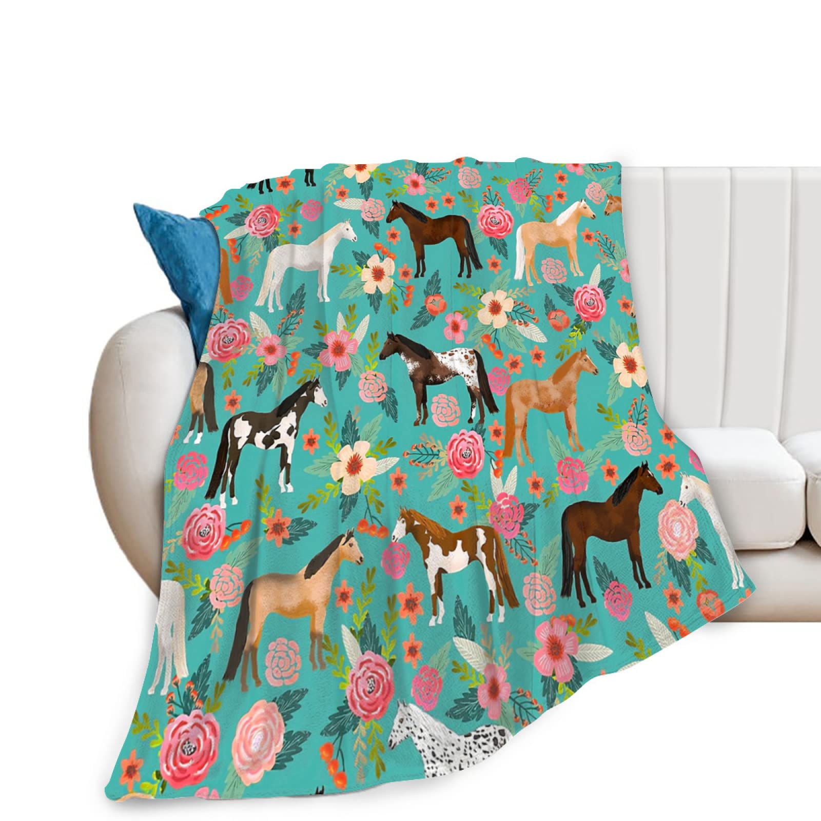 Horse Print Throw Blanket Horses And Flowers Pattern Blanket For Girls Kids Adults Super Warm Soft Cozy Plush Fleece Flannel Bla