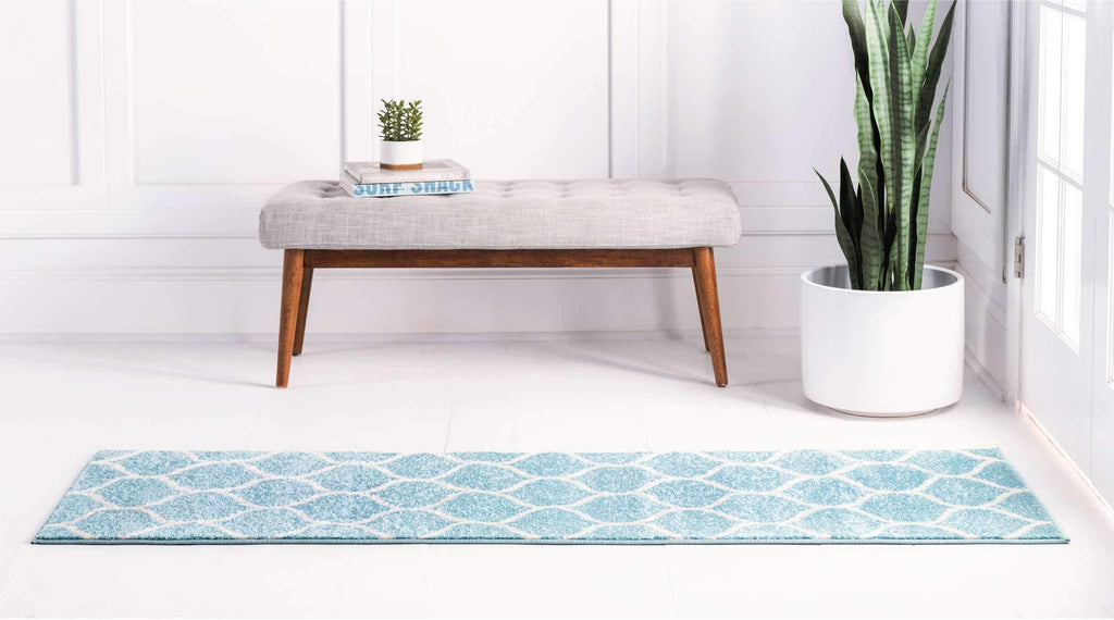 Unique Loom Trellis Frieze Collection Area Rug - Rounded (2' X 13' 1'' Runner, Light Blue/ Ivory)