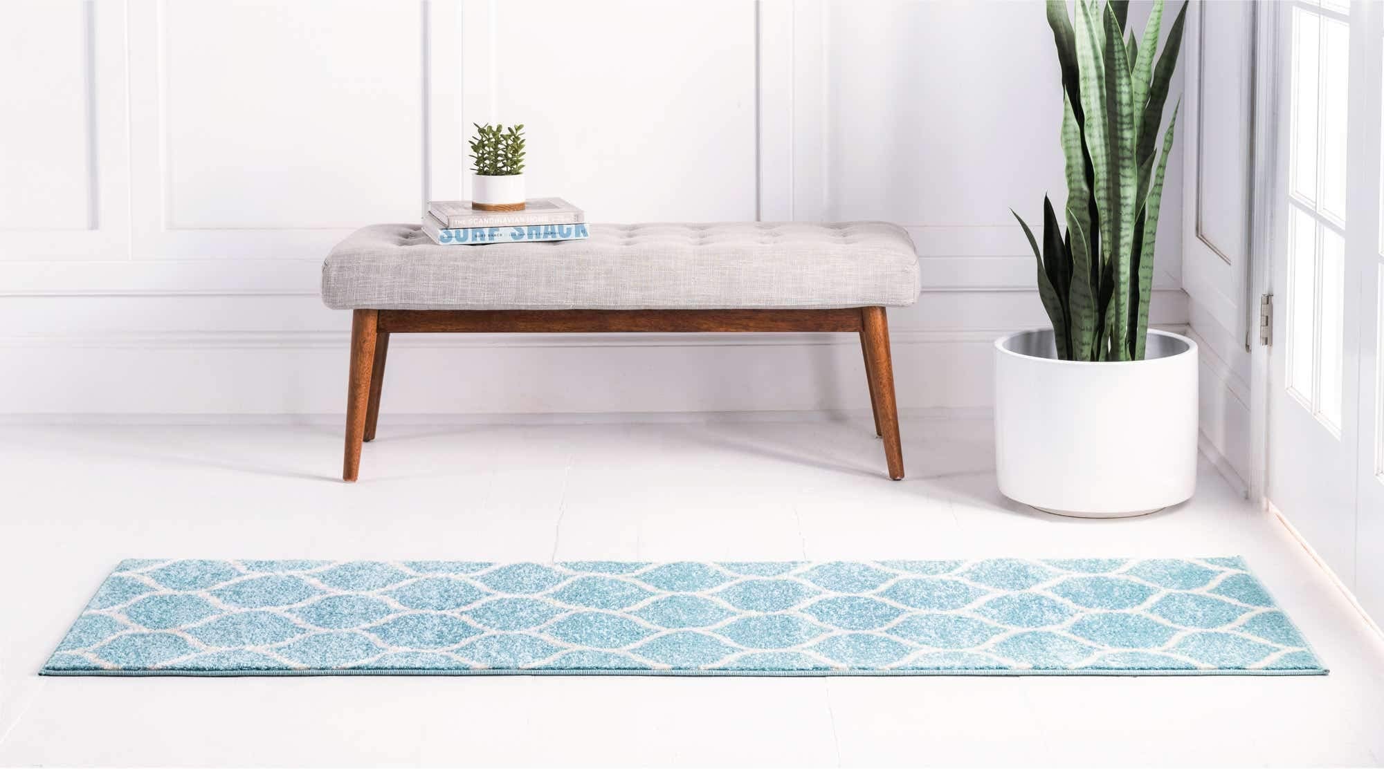 Unique Loom Trellis Frieze Collection Area Rug - Rounded (2' X 13' 1'' Runner, Light Blue/ Ivory)
