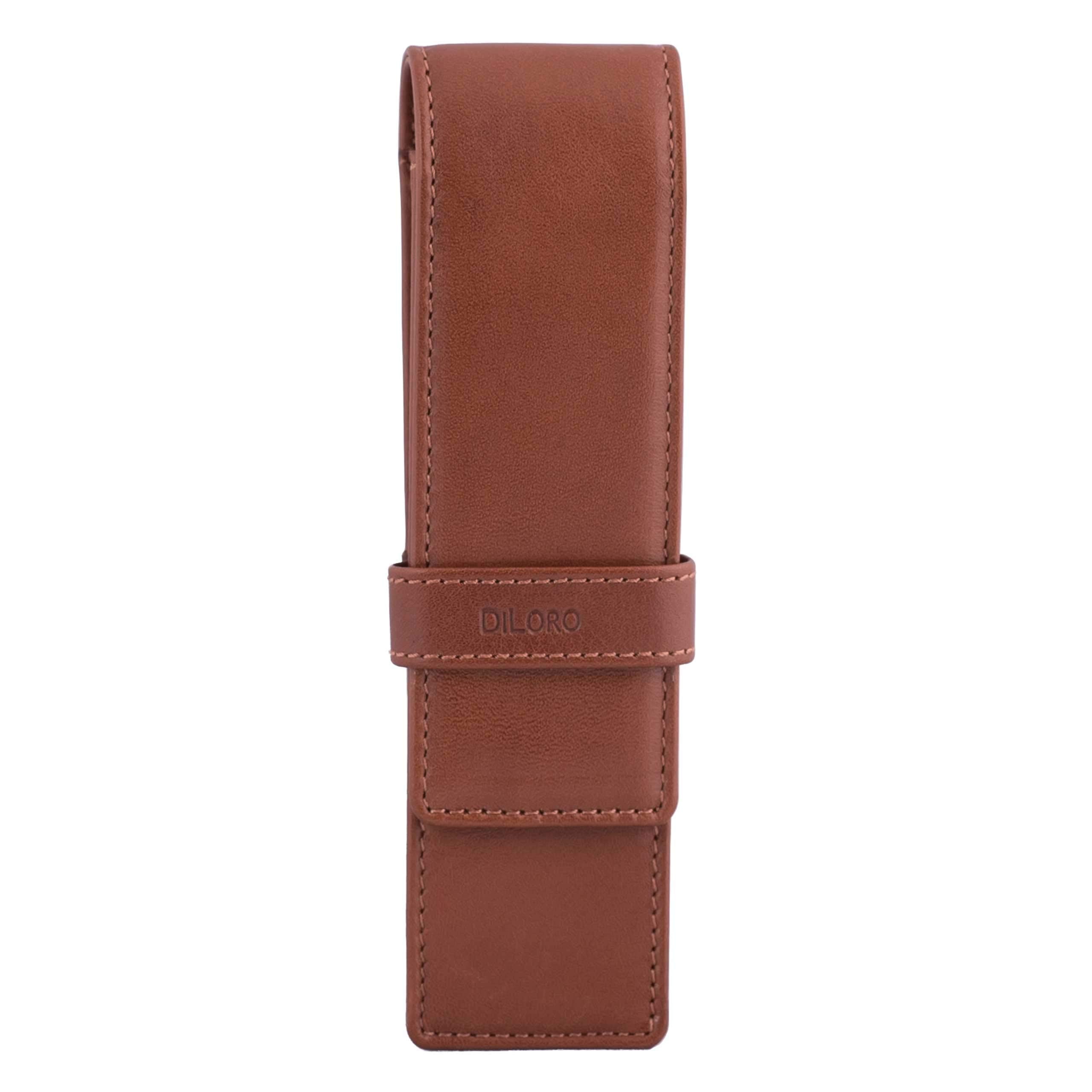 Diloro Leather Double Pen Case Pencil Pouch Holder For Two Fountain Pens Ballpoint Rollerball And Pencils (Bugatti Tan)