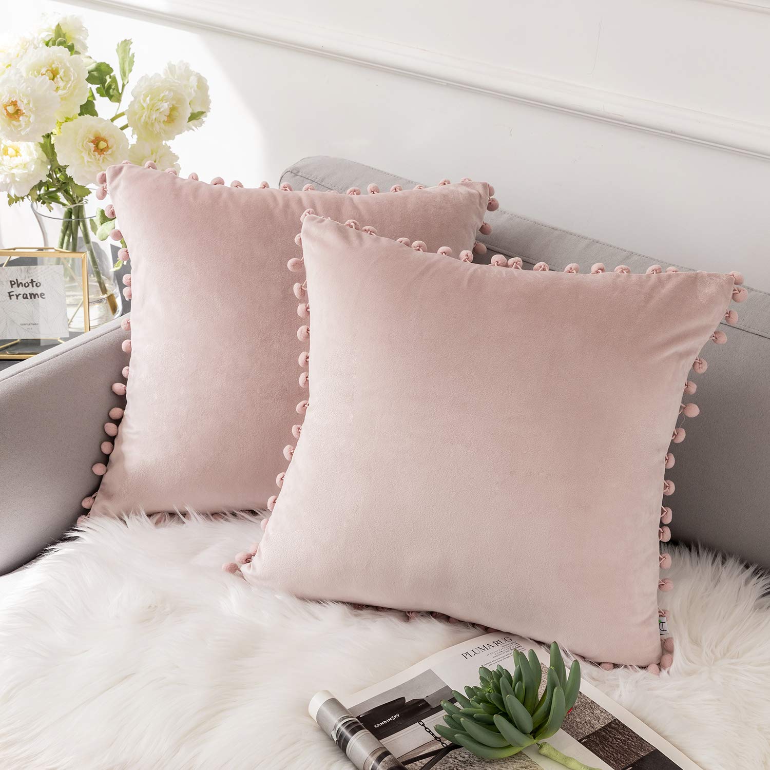 Ashler Throw Pillow Cases With Soft Pom Poms Velvet Plush Vibrant Elegant Cushion Covers, Pack Of 2, Light Pink 22 X 22 Inches 5