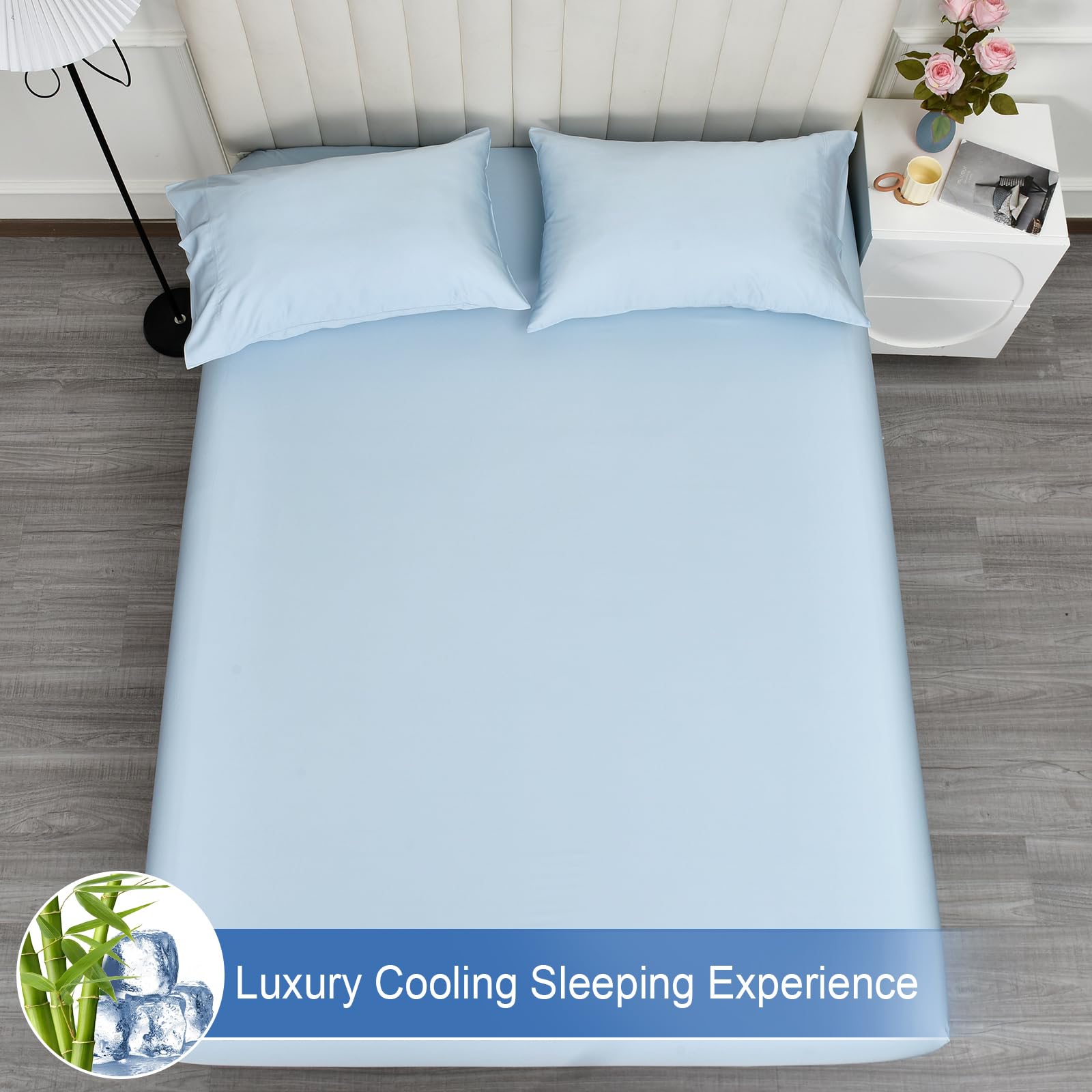 Phf 100% Rayon Derived From Bamboo Cooling Fitted Sheet King Size For Hot Sleeper, 16'' Deep Pocket, 2.5Cm Wider Strong Elastic