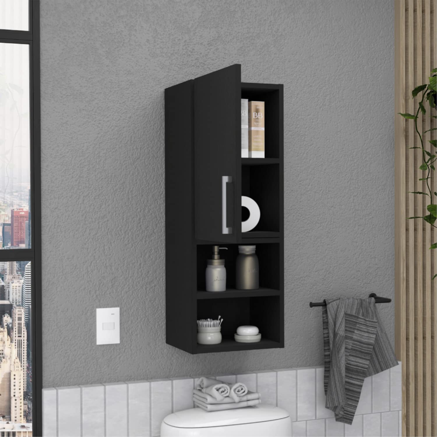 Medicine 31H Single Door Cabinet, 2 External Shelves, 2 Interior Shelves, Black