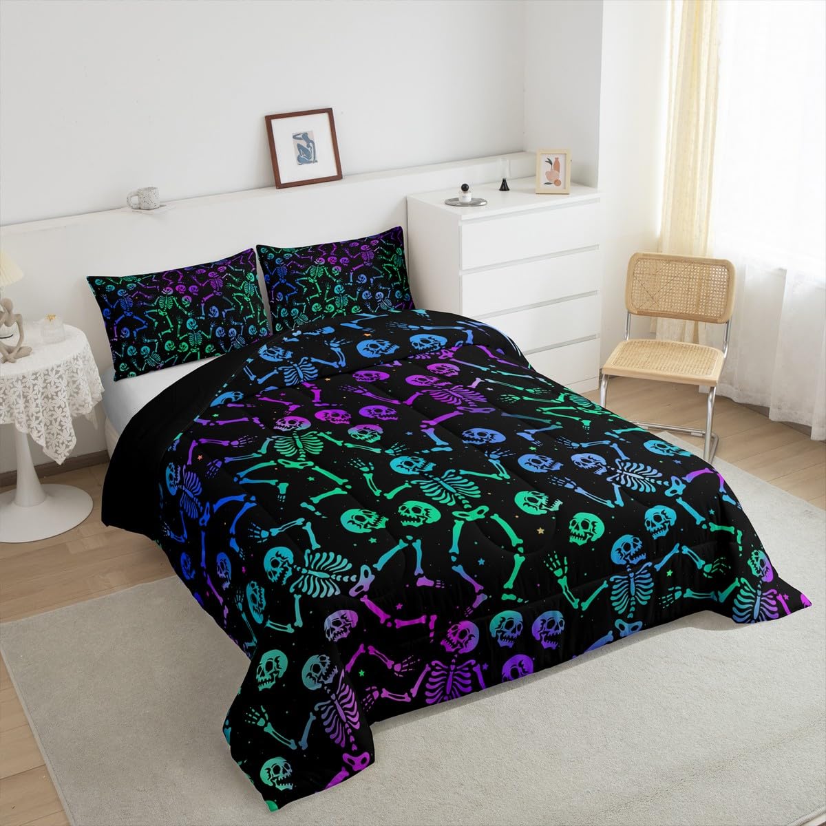 Erosebridal Sugar Skull Comforter Set Halloween Bedding Set Full Size Green Blue Purple Ombre Down Comforter For Kids Boys Girls