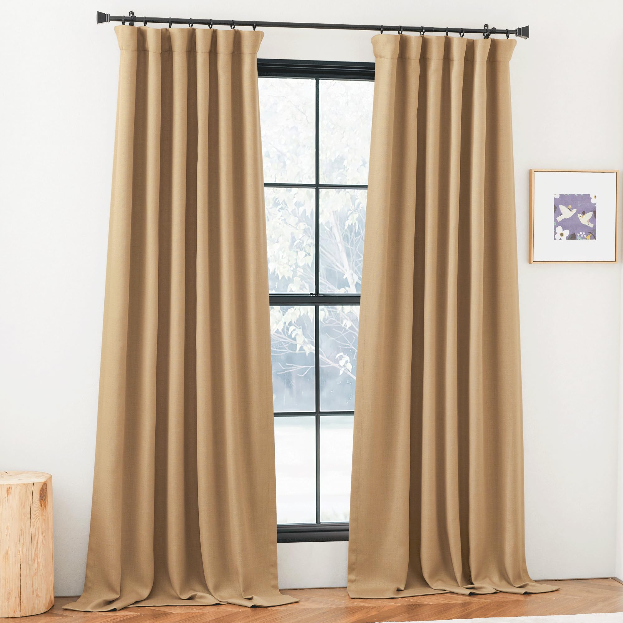 NICETOWN Thick Faux Linen Room Darkening Caramel Curtains 96 inches Long, Pinch Pleated Faux Linen Curtains Thermal Insulated Wi