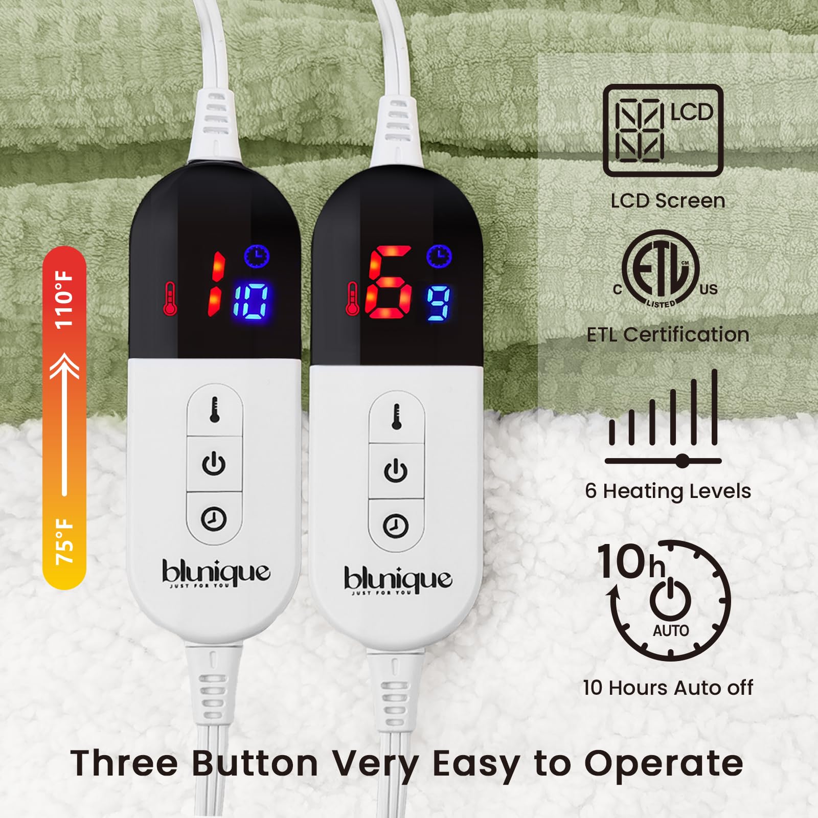 Blunique Heated Blanket Electric Blanket King Waffle, 90X100 Inches Dual Controllers Sherpa Fleece Fast Heating Blanket 6 Heatin