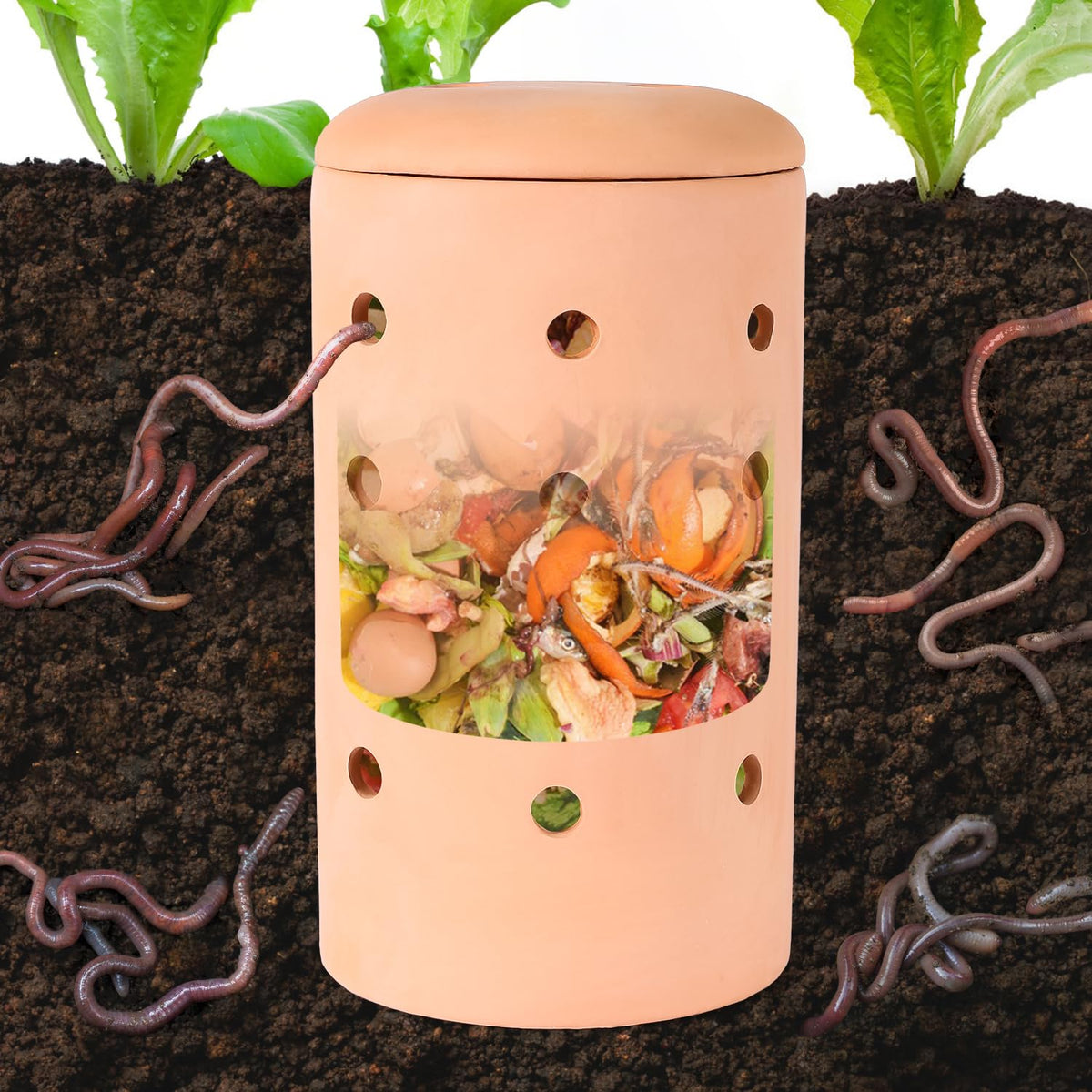 Underground Worm Farm Garden Red Pottery 11Inch vermicomposting Bin for use in Outdoor Gardening with Holes and Lid Outdoor Worm