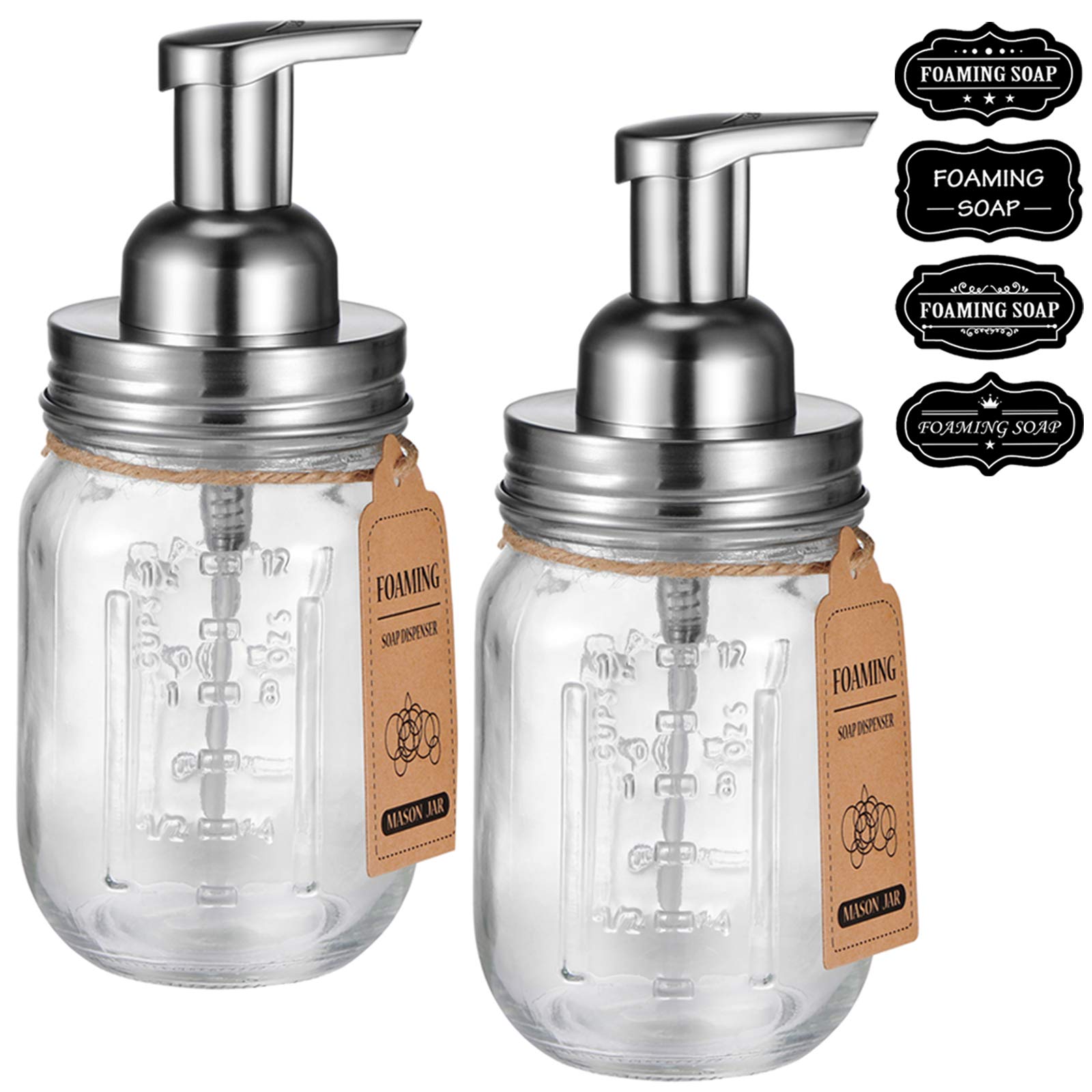 Mason Jar Foaming Soap Dispenser -Rustproof Stainless Steel Lid/BPA Free Foam Pump-Waterproof Chalkboard Labels-Farmhouse Decor 