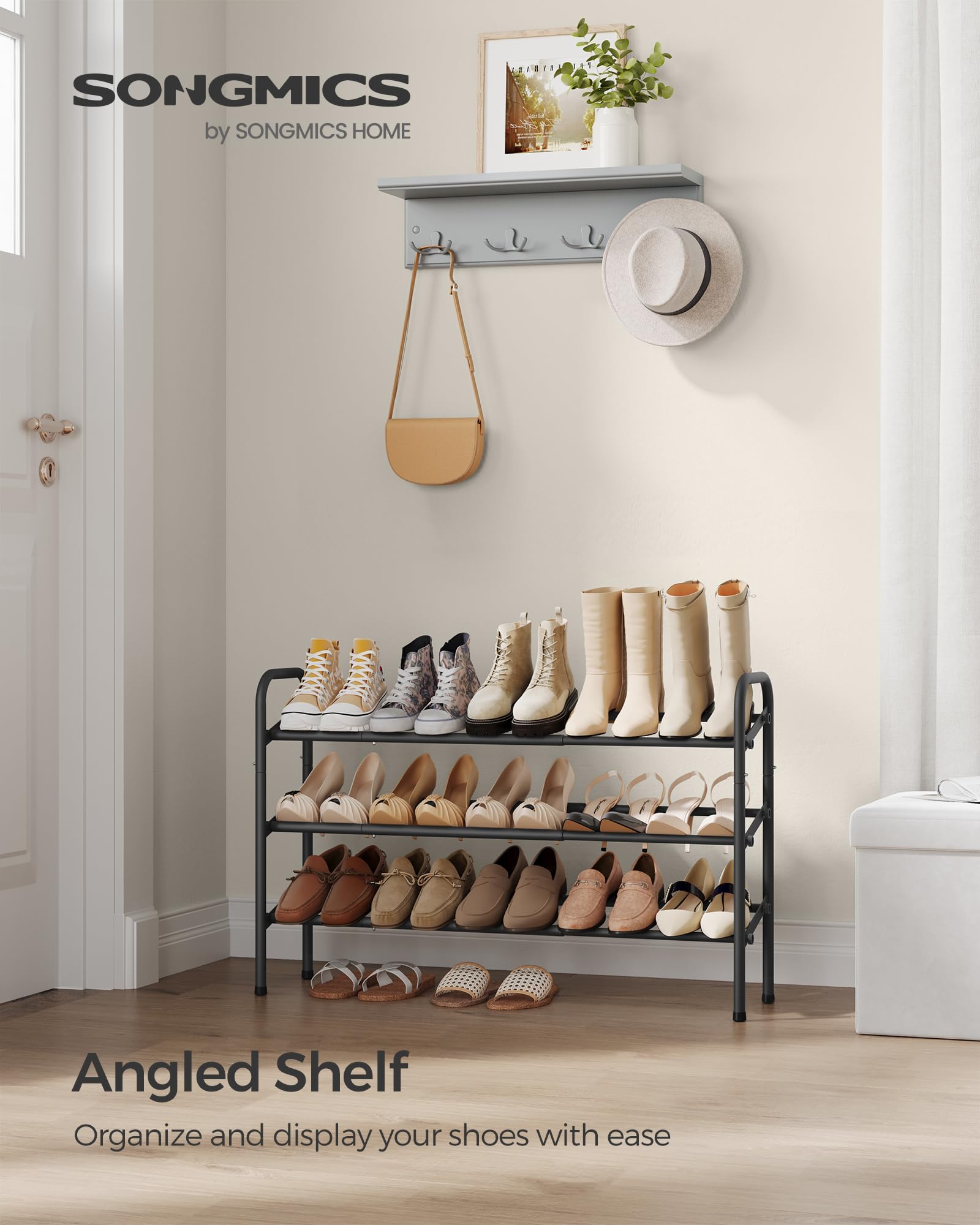 Songmics Expandable Shoe Rack, 3 Tier Shoe Rack Shelf, Adjustable Shoe Organizer Storage For 20 Pairs Of Shoes, Metal Free Standing Shoe Racks For Closet, Front Door Entryway, Easy Assembly, Ink Black