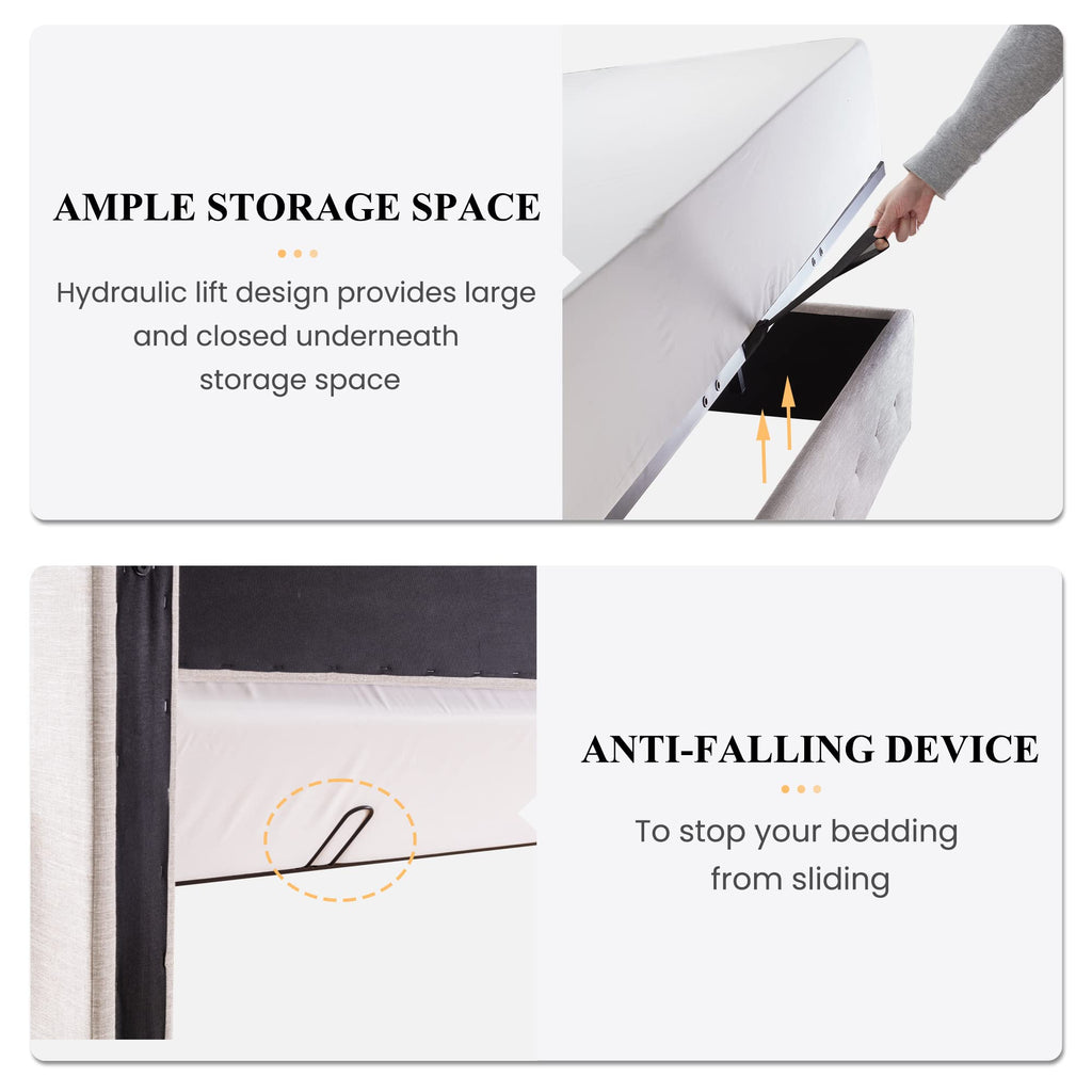 Sha Cerlin Full Size Lift Up Storage Bed/Button Tufted Wingback Headboard/Hydraulic Storage/Upholstered Platform Bed Frame/No Box Spring Needed/Wood Slats Support/Light Beige