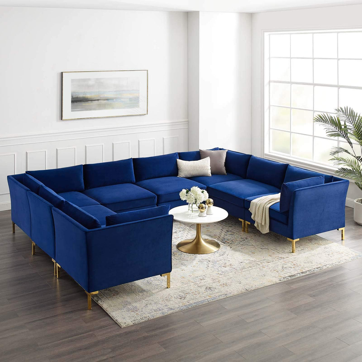 Modway Ardent Performance Velvet Sectional Sofa, 8 Piece U-Shape, Navy