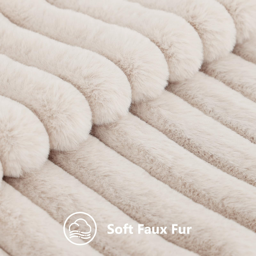 Decoruhome Faux Fur Spring Throw Pillow Covers 16X16 Set Of 2, Decorative Soft Plush Striped Couch Pillow Covers With Velvet Back For Sofa, Bed, Living Room, Beige
