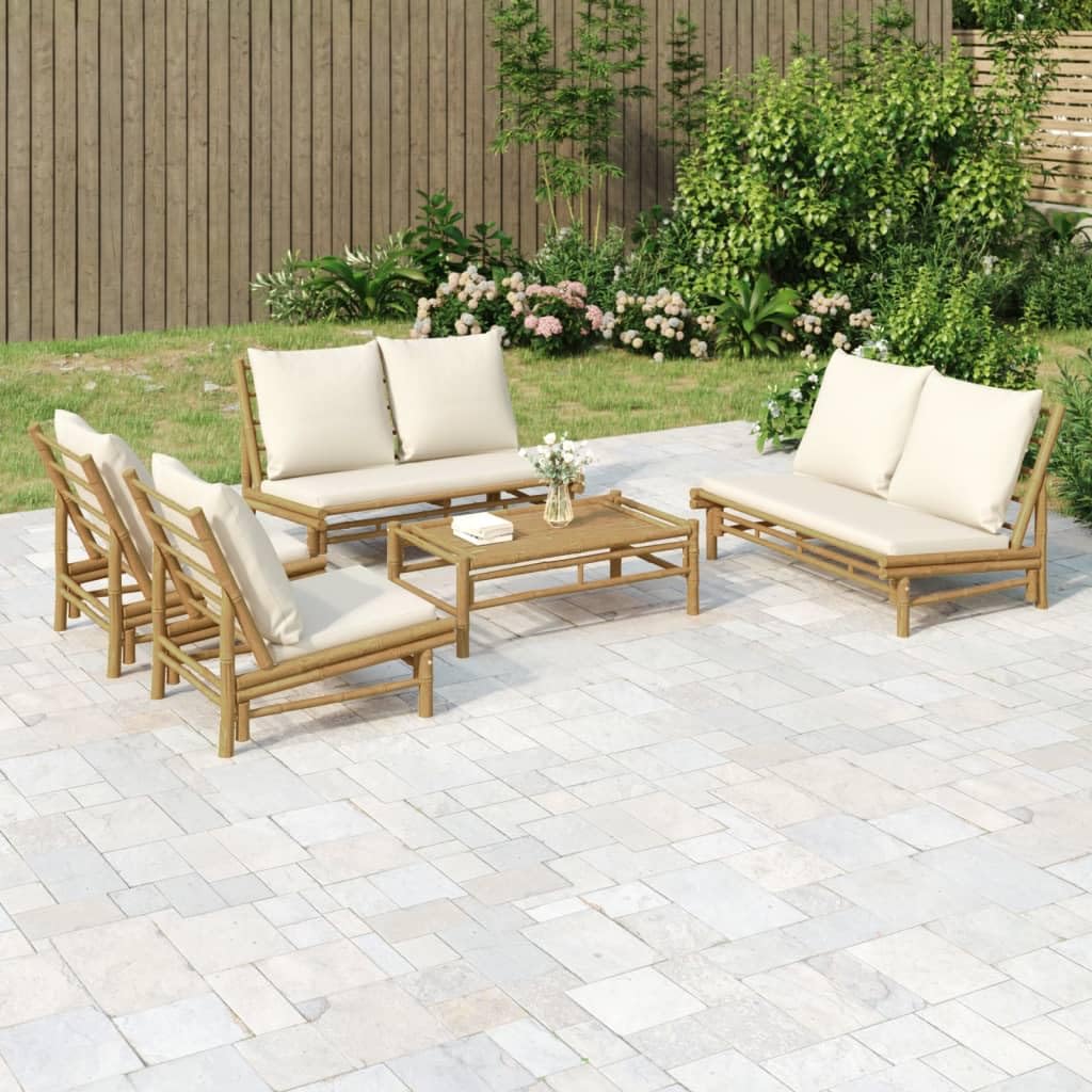 vidaXL 5 Piece Outdoor Patio Lounge Set - Natural Bamboo Finish - Cream White Cushions - Sofa, Chairs, and Coffee Table - Flexible Modular Design