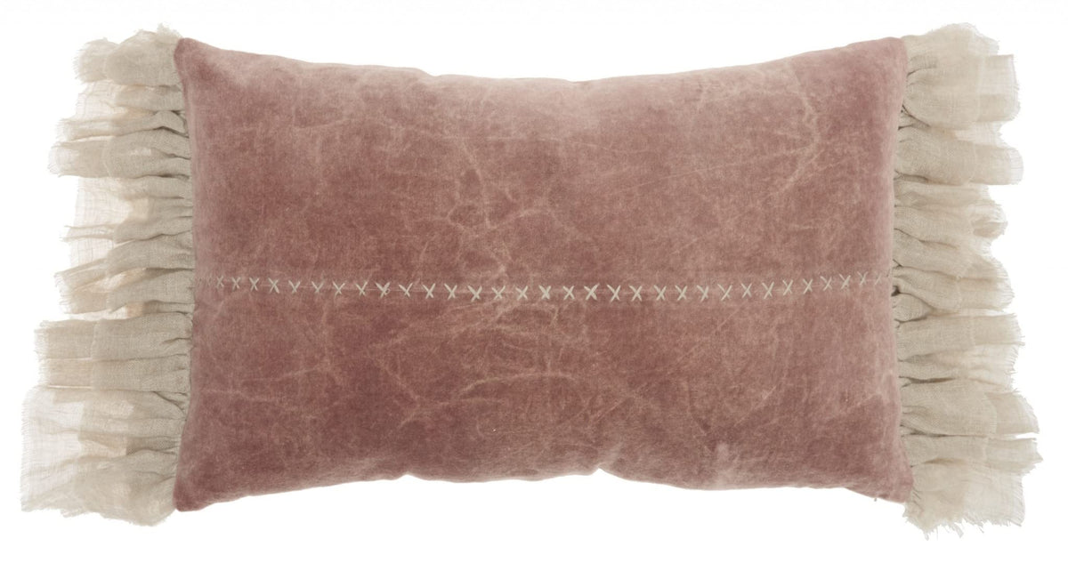 HomeRoots Grey Cotton Wide Tasseled Marble Pink Lumbar Pillow