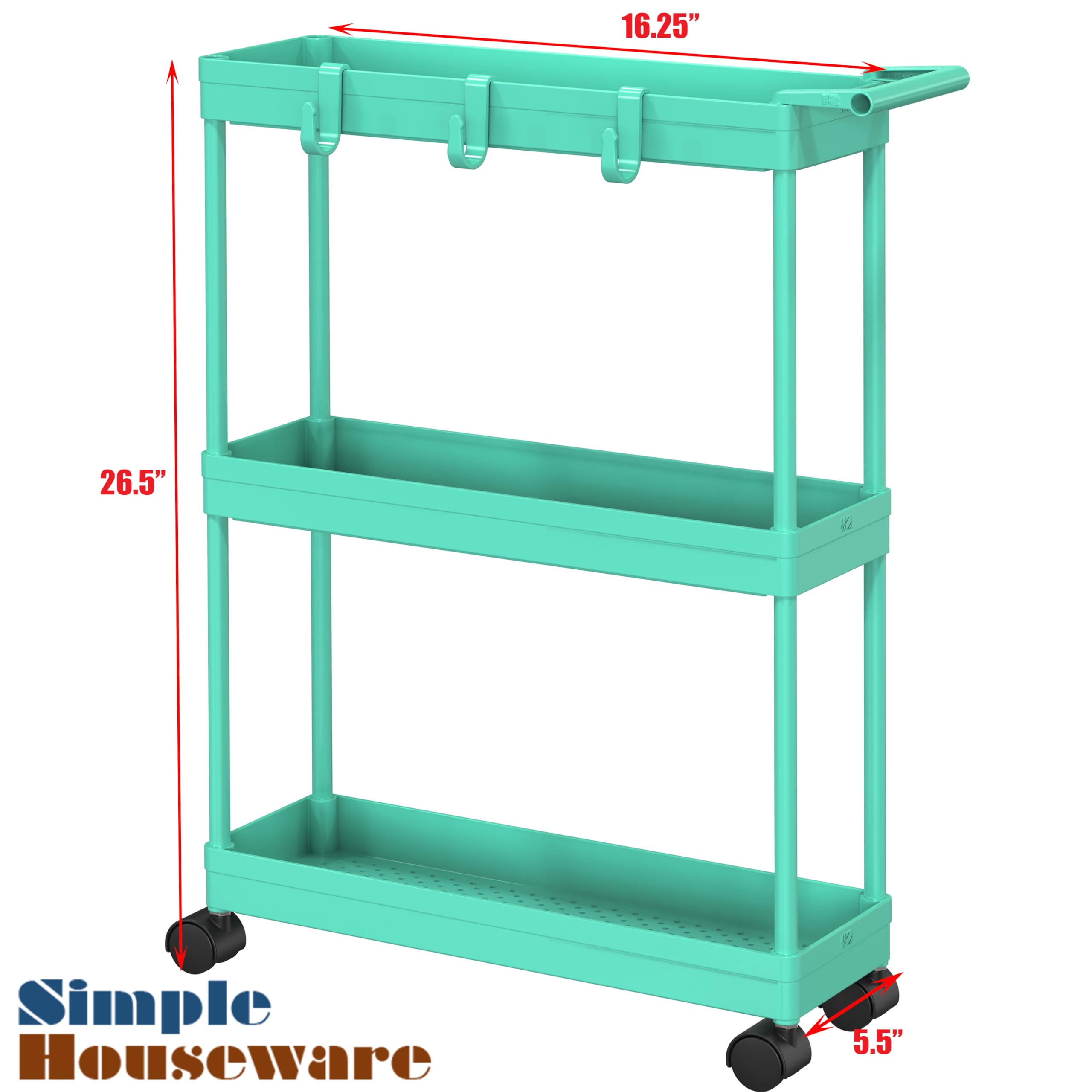 Simple Houseware Kitchen Cart Storage 3-Tier Slim/Super Narrow Shelves With Handle, 26.5'' Height/5.5'' Width For Narrow Place, Turquoise