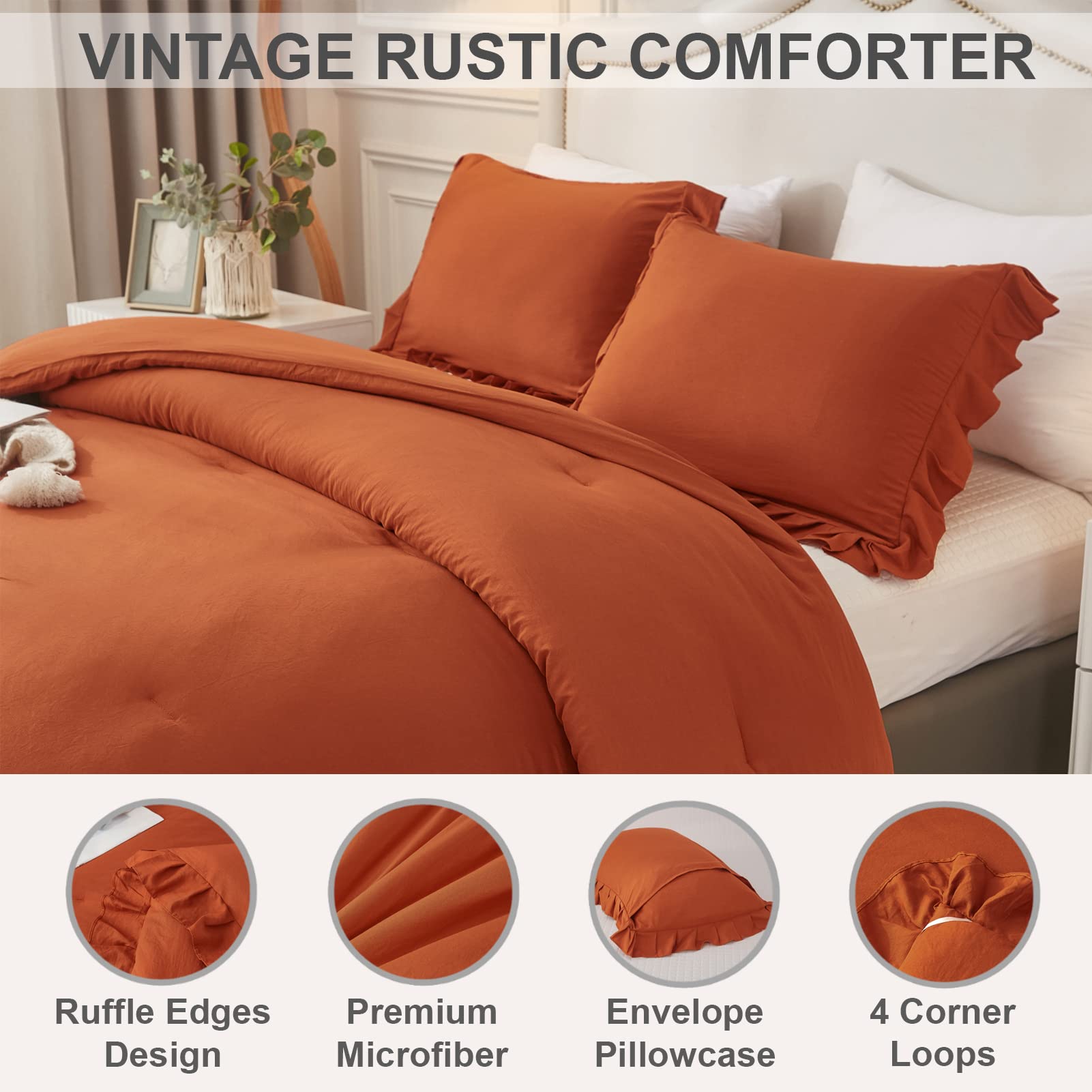Andency Terracotta Ruffle Comforter Full(79X90Inch), 3 Pieces(1 Ruffled Comforter And 2 Pillowcases) Solid Farmhouse Shabby Chic Comforter, Vintage Rustic Soft Microfiber Bedding Set