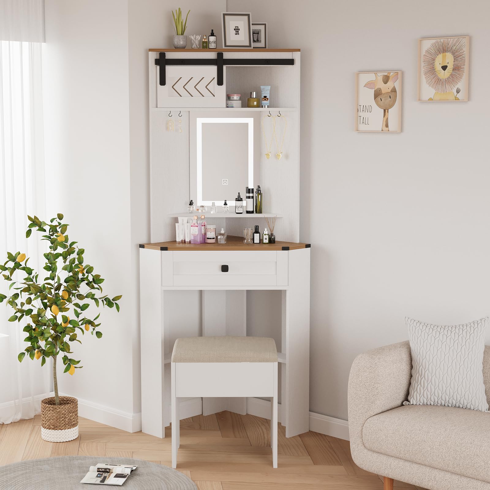 ARTETHYS Small Vanity Desk Set with Lights and Mirror Makeup Vanities with Drawers for Corner Space White Farmhouse Make up Dres