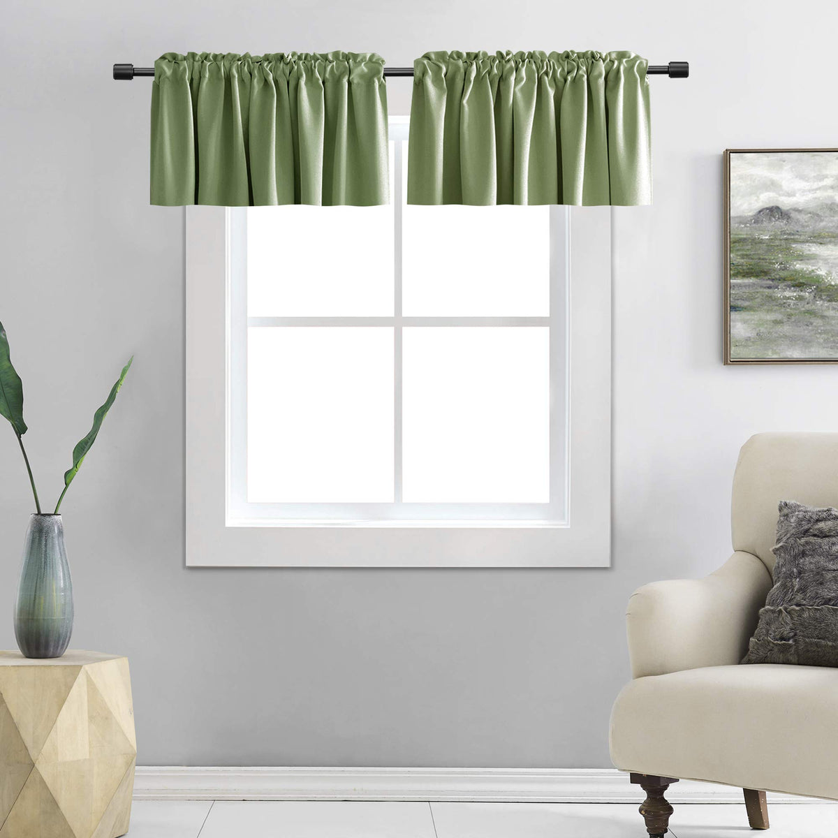 Donren Sage Green Window Valances For Kitchen -Blackout Valances For Window With Rod Pocket (72 By 18 Inch,2 Panels)