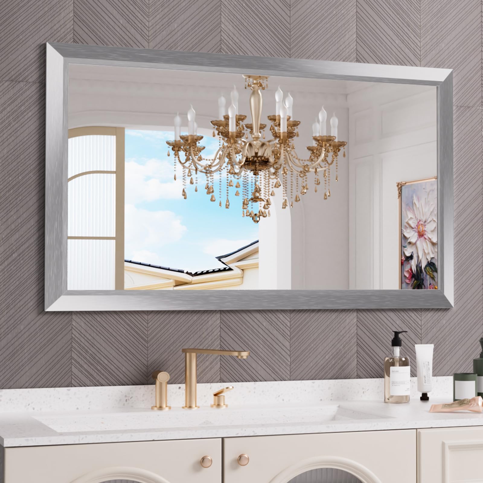 Amorho 50x30 Inch Bathroom Mirror Silver, Thick Metal Framed Wall Mirrors for Over Sink, Brushed Nickel Mirror Perfect for Bedro