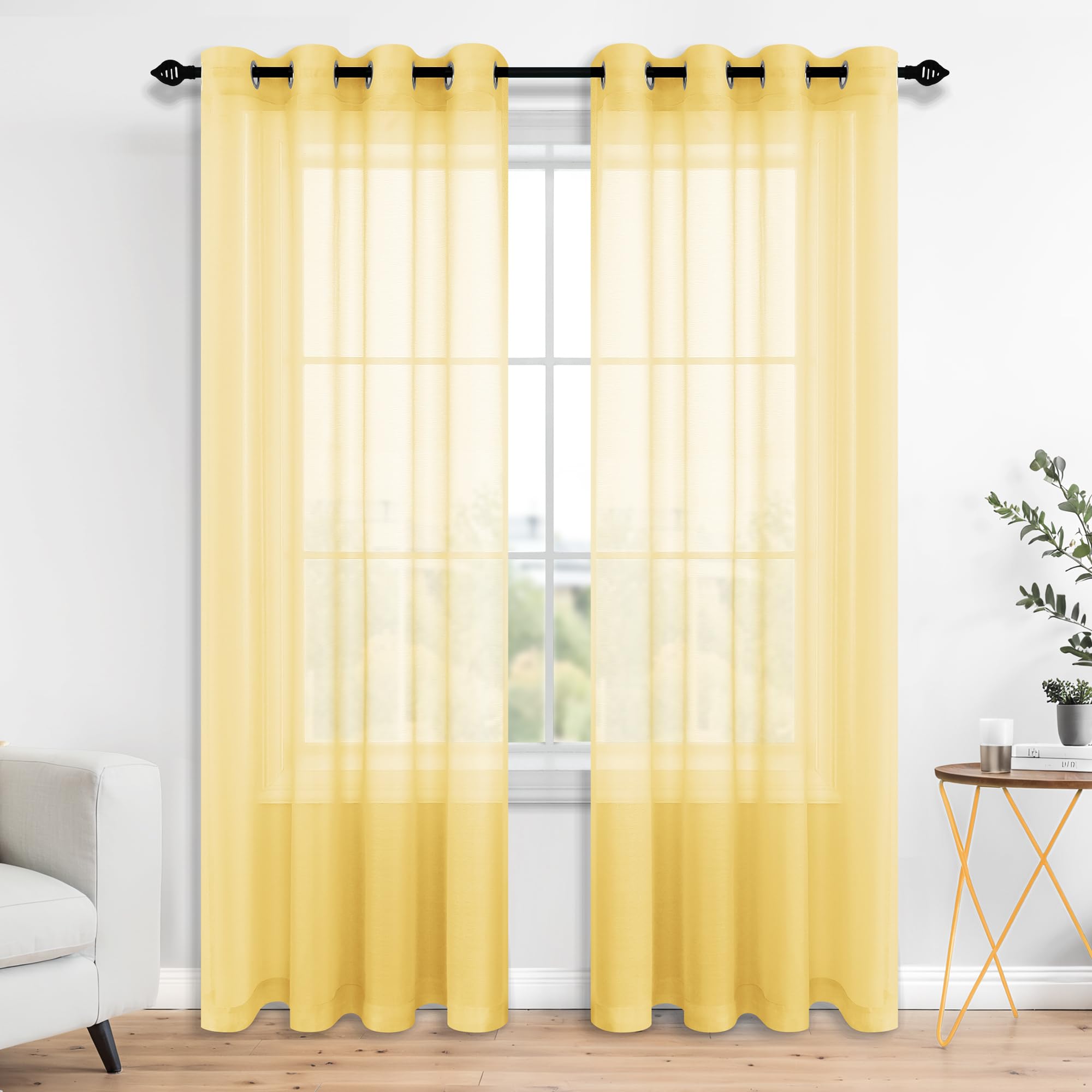 Mrs.Naturall Yellow Curtains 84 Inch Length For Bedroom 2 Panels Set Grommet Window Sheer Curtains For Living Room 52X84 Inches