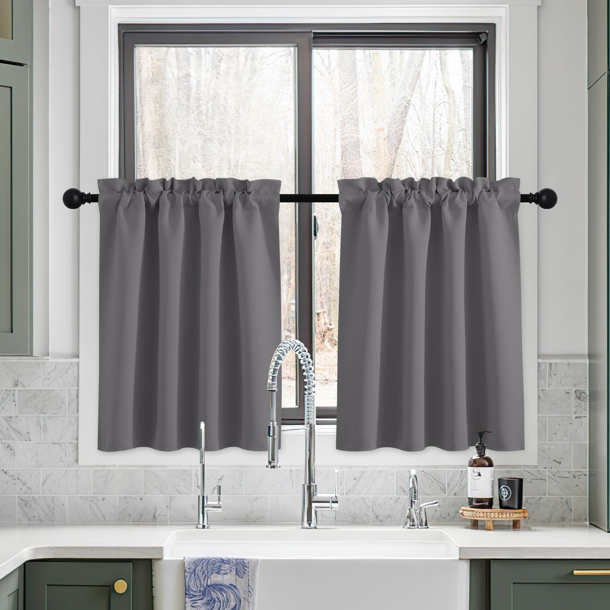 Nicetown Short Blackout Curtains For Rv Camper, Kitchen Window Shades 36 Inch Long For Over Sink, Thermal Insulated Rod Pocket Curtain Panels For Bathroom Office, 1 Pair, Grey, 34W X 36L