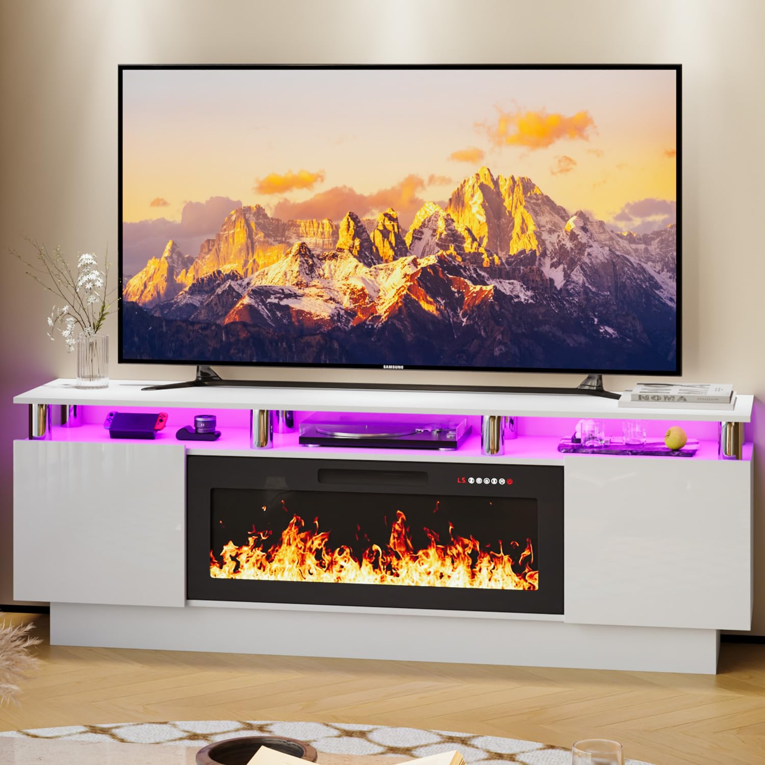 Lemberi 70 Inches Fireplace Tv Stand For Tvs Up To 80 Inches Console With 36 ' ' Electric Fireplace & Remote, Wooden Modern Ente
