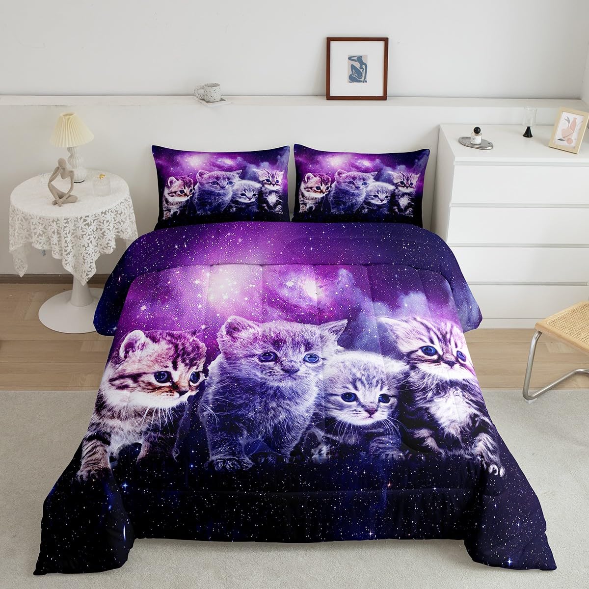 Feelyou Cat Comforter Cute Pet Cats Pattern Bedding Set Outer Space Kawaii Kitten Comforter Set For Children Kids Boys Girls 3D