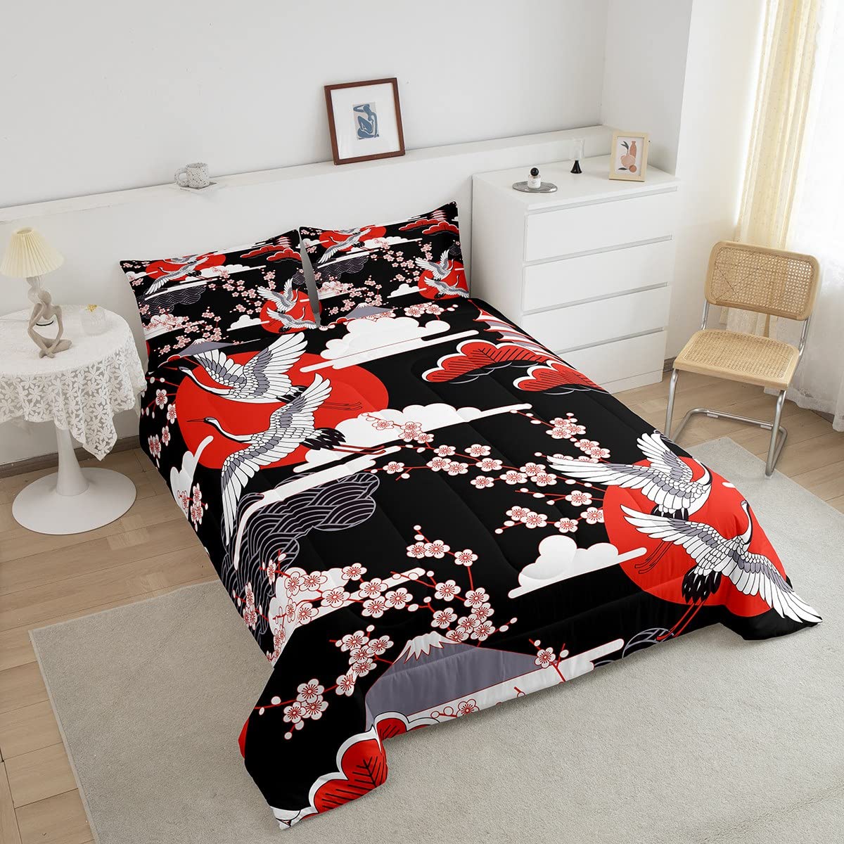 Japanese-Style Comforter Set King Size Pink Cherry Blossoms Bedding For Boys Girls Women Soft Microfiber 3 Pieces Quilted Duvet