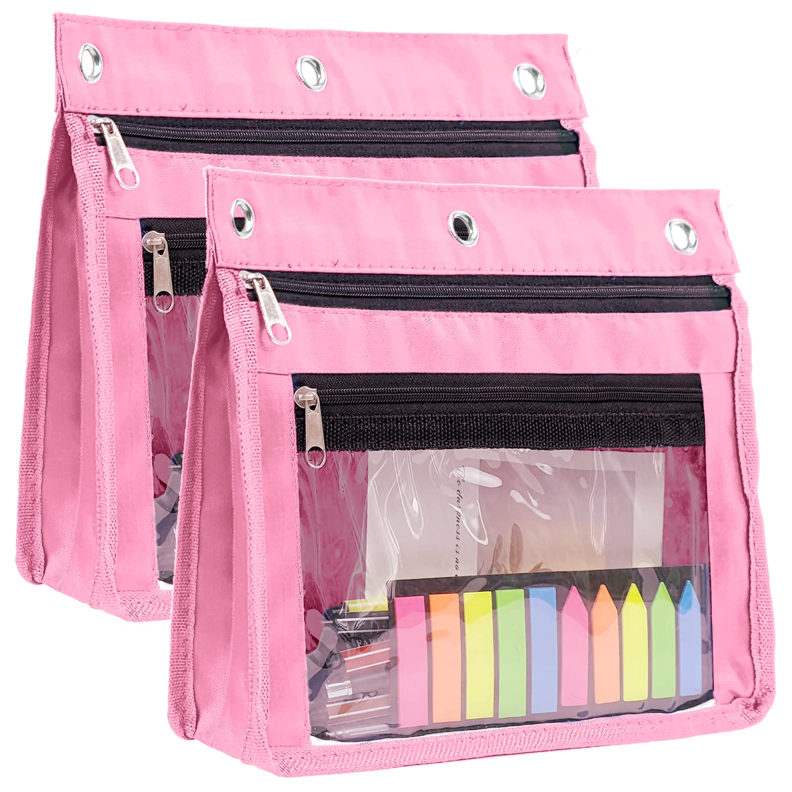 Yoeejob 2 Pack 1 Inch Expandable Zipper Pencil Pouches With Clear Window For 3 Ring Binder, Suitable For School & Office (Pink)