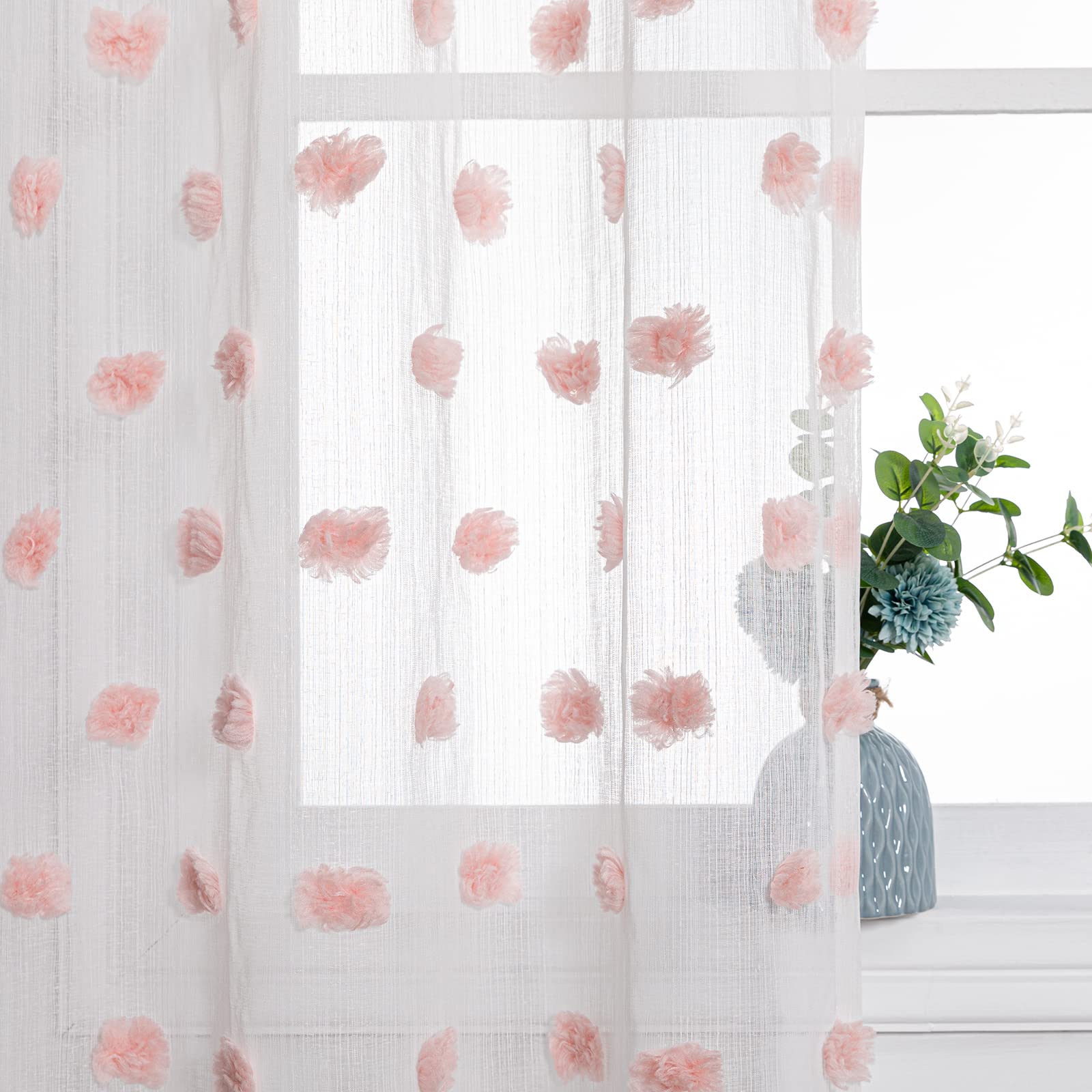 Mysky Home Kitchen Curtains 54 Inches Long Short Curtains For Small Window Panels Pink Pom Pom Nursery Curtains For Girls Bedroo