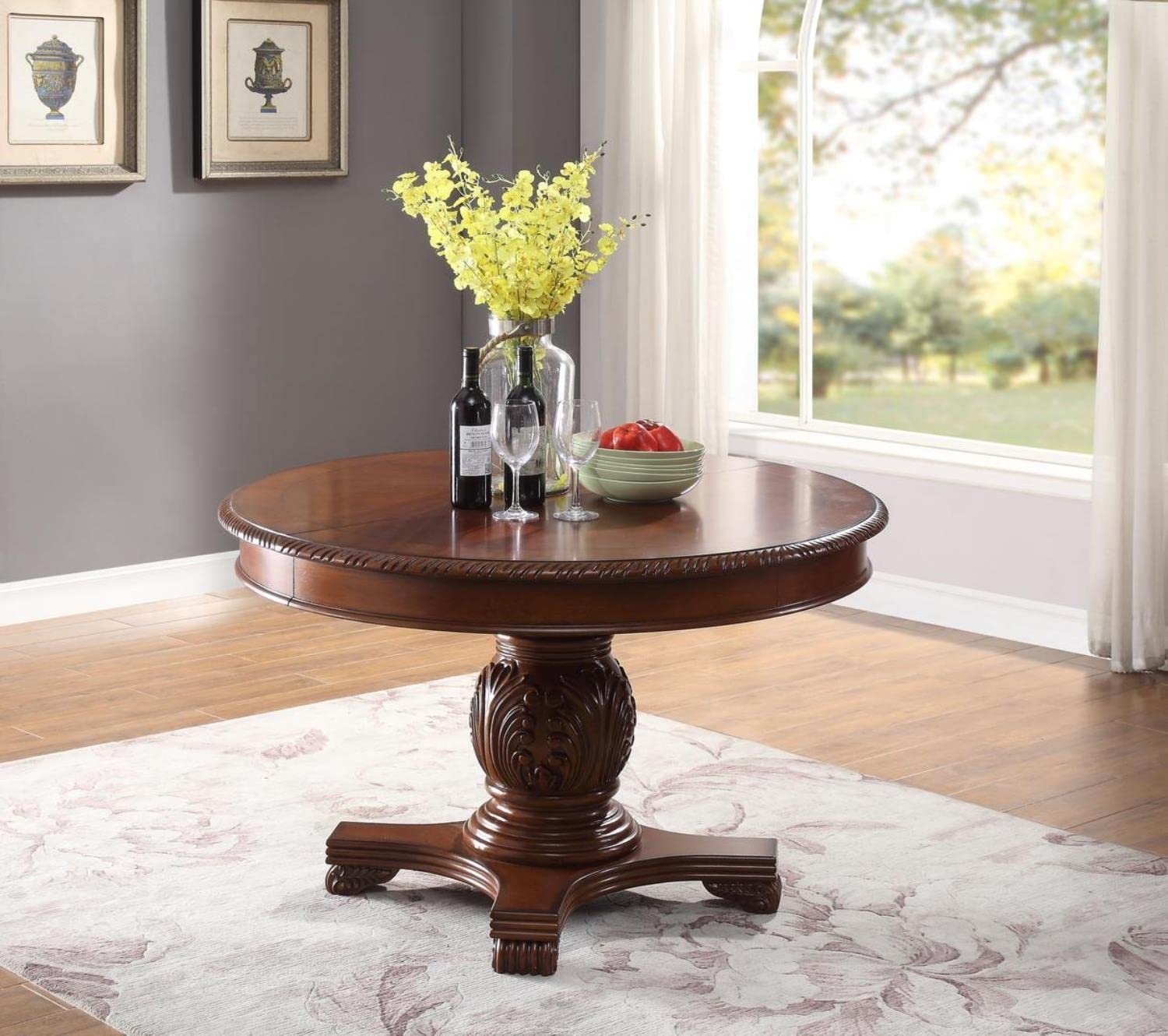 Acme Chateau De Ville Round Single Pedestal Wooden Dining Table in Cherry