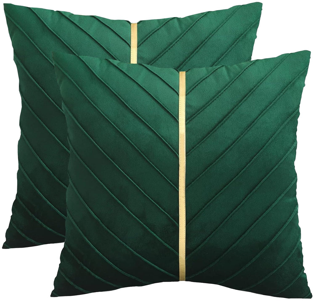 Tosleo Christmas Green Velvet Throw Pillow Covers 26X26 Pack Of 2 With Gold Leather,Forest Green Decorative Couch Pillowcase Lux