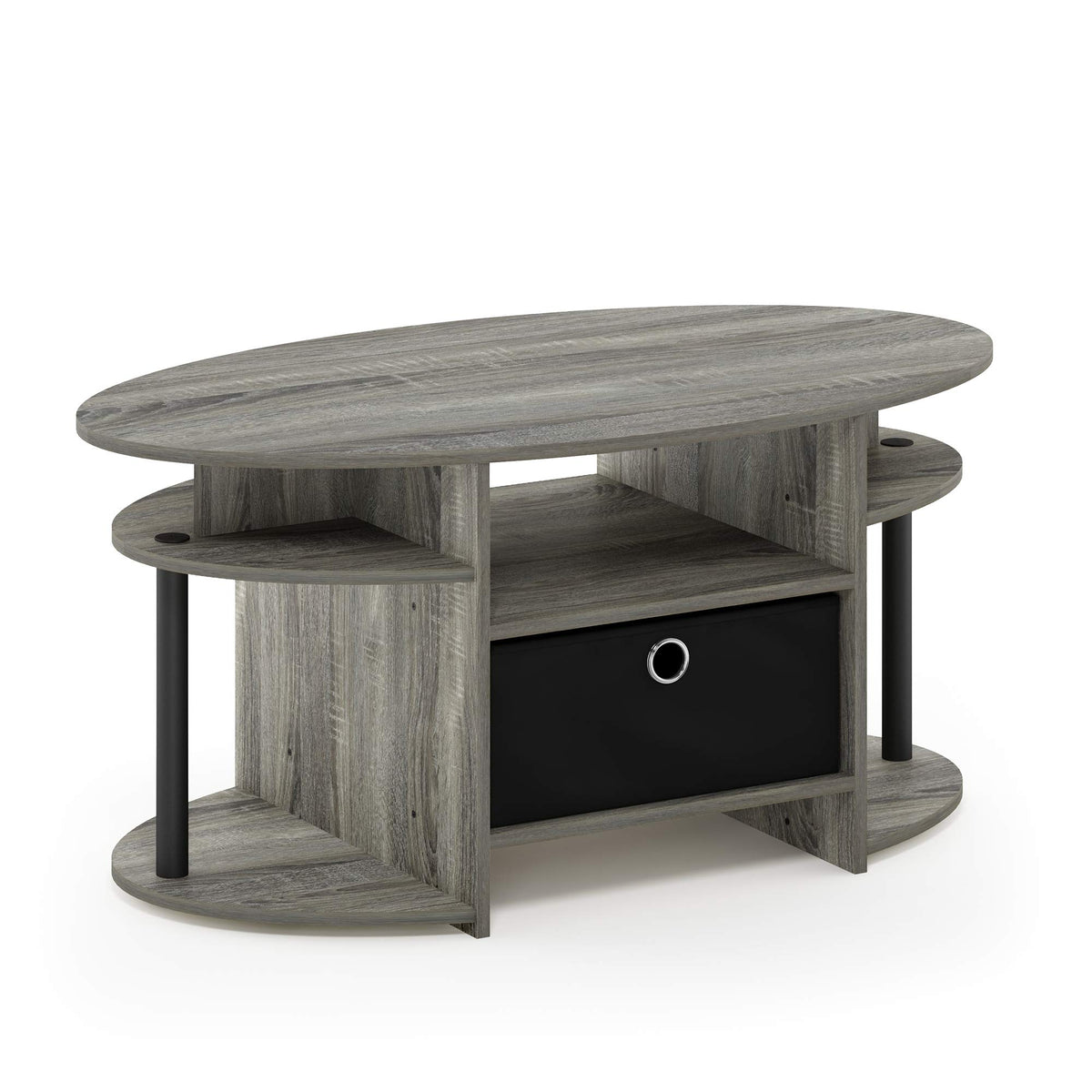 Furinno Jaya Oval Coffee Table, French Oak Grey/Black/Black