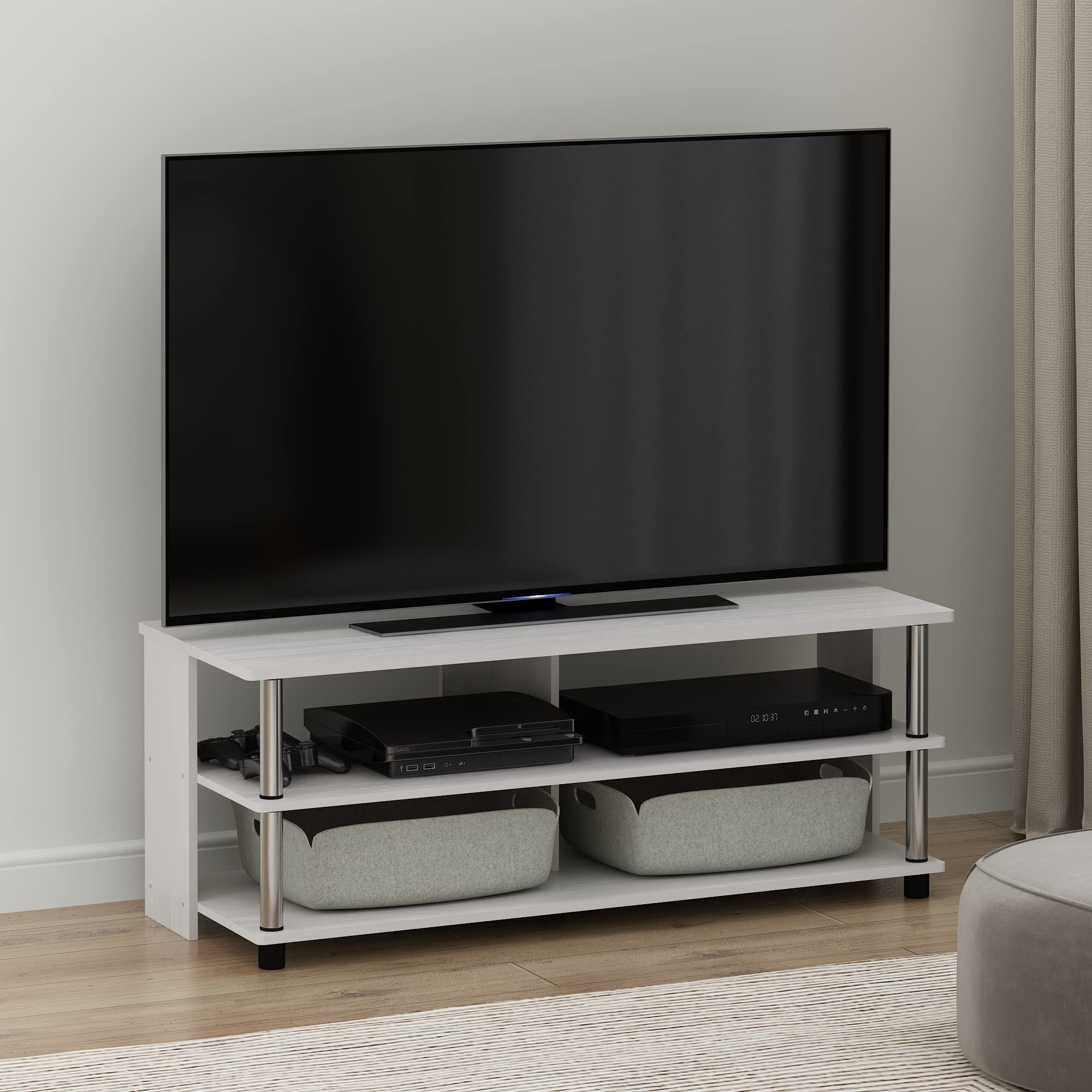 Furinno Sully 3-Tier Stand for TV up to 48 Inch, White Oak/Chrome