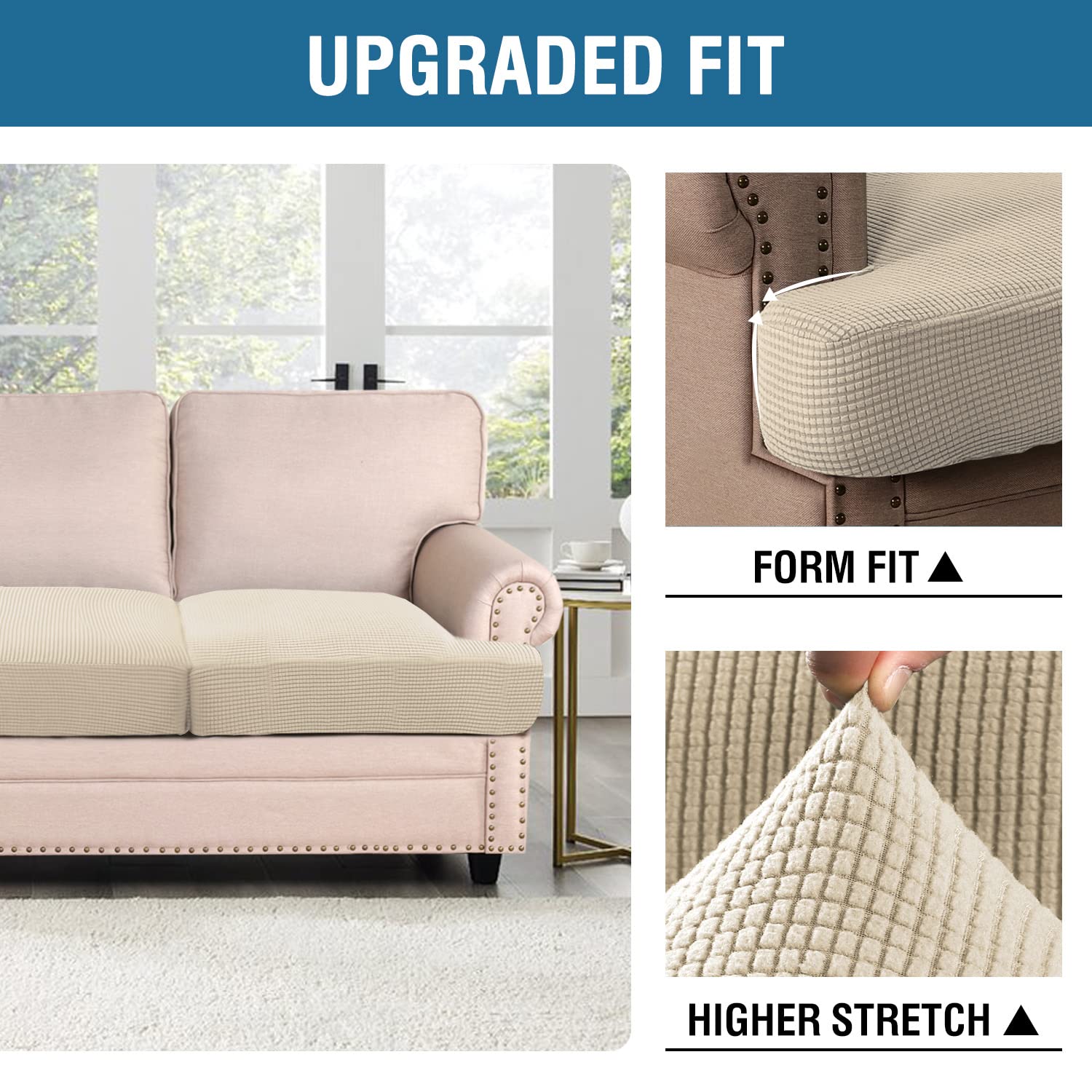 H.Versailtex Stretch 2 Piece T Cushion Sofa Slipcovers Individually Sofa Cushion Covers For 2 Cushion Couch Sofa Seat Cushion Covers With Elastic Bands Featuring Thicker Jacquard Fabric, Natural