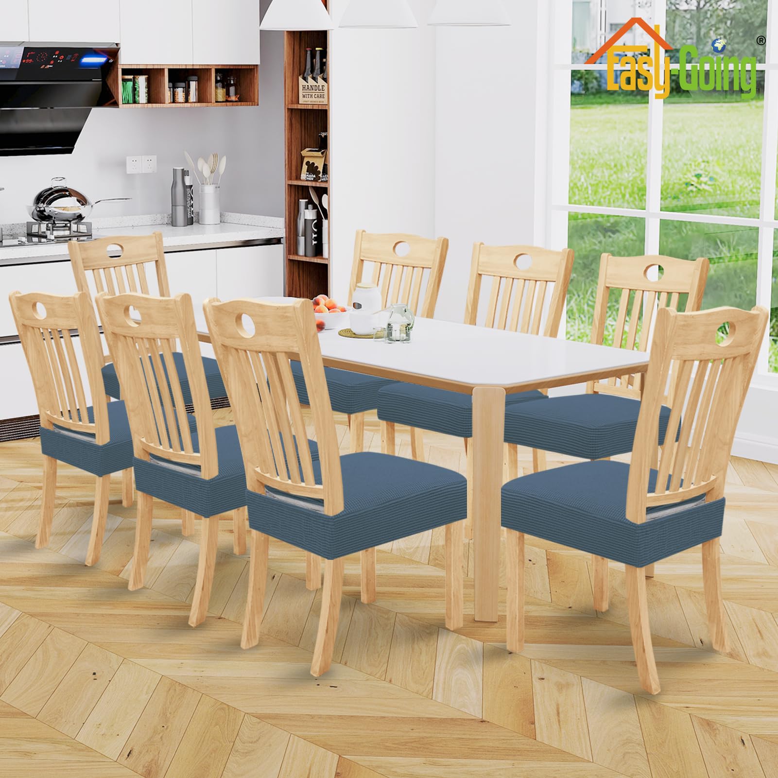 Easy-Going 100% Waterproof Seat Covers For Dining Room Chairs, Stretch Jacquard Chair Seat Slipcovers Removable And Washable Kitchen Dining Chair Covers (Set Of 8, Bluestone)