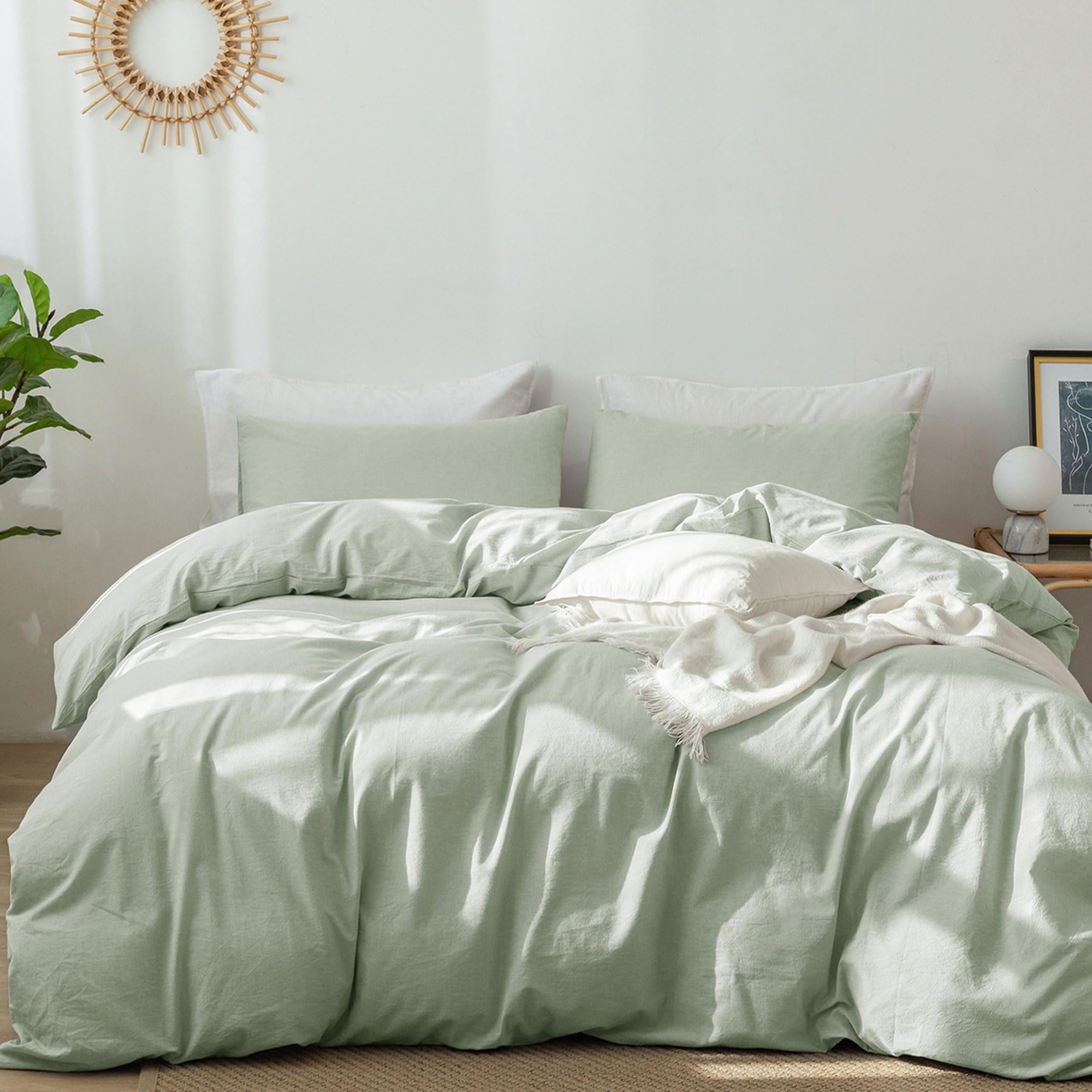 Moomee Bedding Duvet Cover Set 100% Washed Cotton Linen Like Textured Breathable Durable Soft Comfy (Sage Green, King)