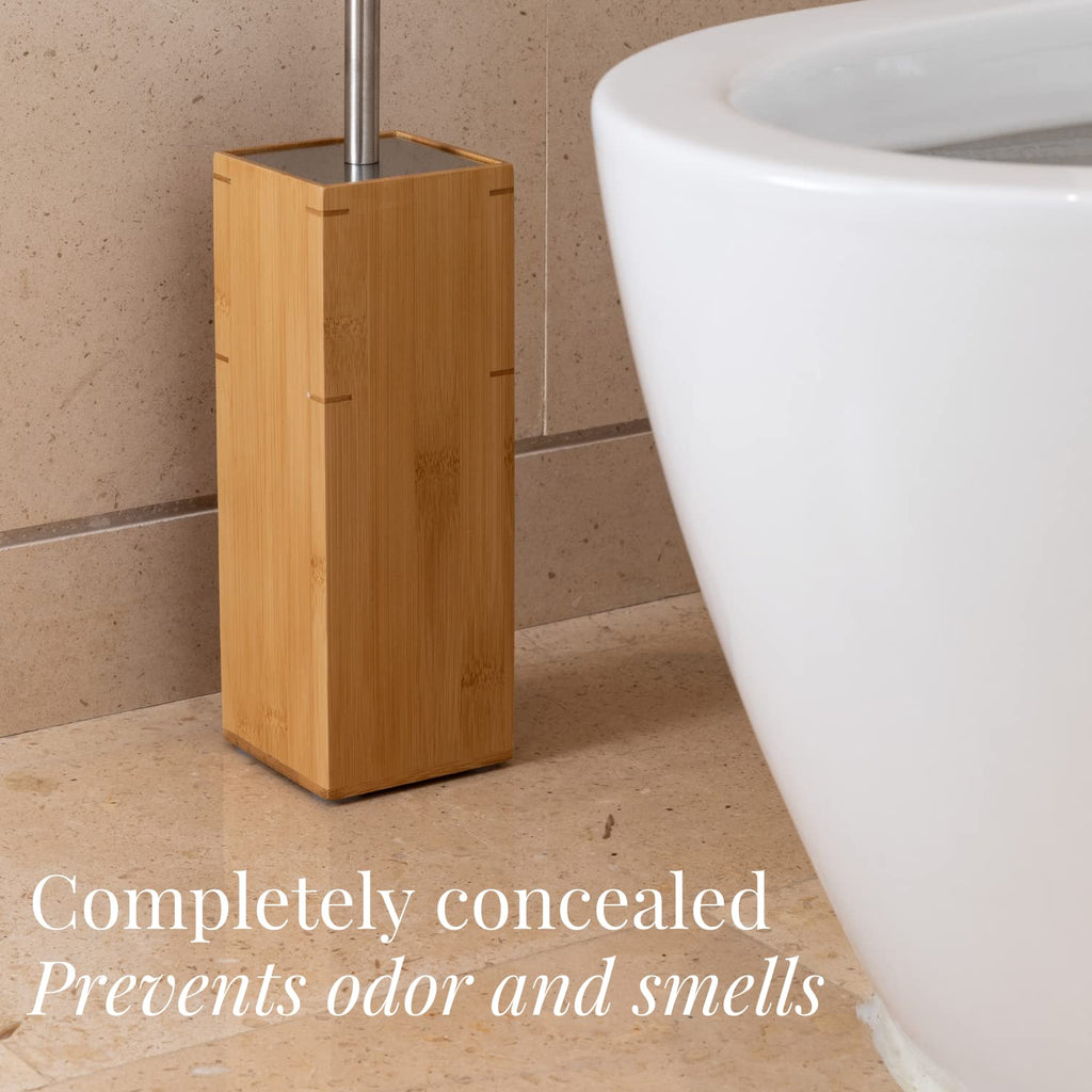 Gobam Bamboo Toilet Bowl Cleaner With Holder For All Toilet Types - Hidden Stainless Steel Toilet Brush - Bathroom Cleaning Brus