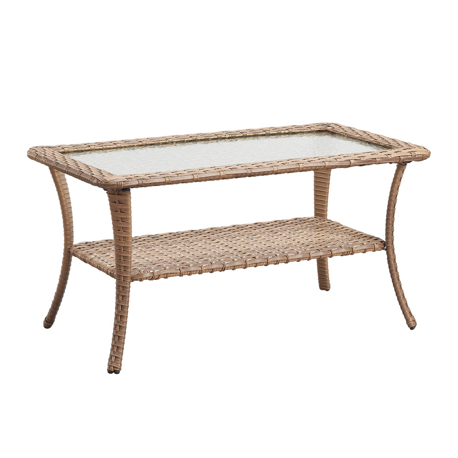 Rilyson Patio Tables Outdoor Coffee Table - Wicker Rattan Coffee Tables With 2-Tier Storage Shelf Glass Top For Outside Proch De