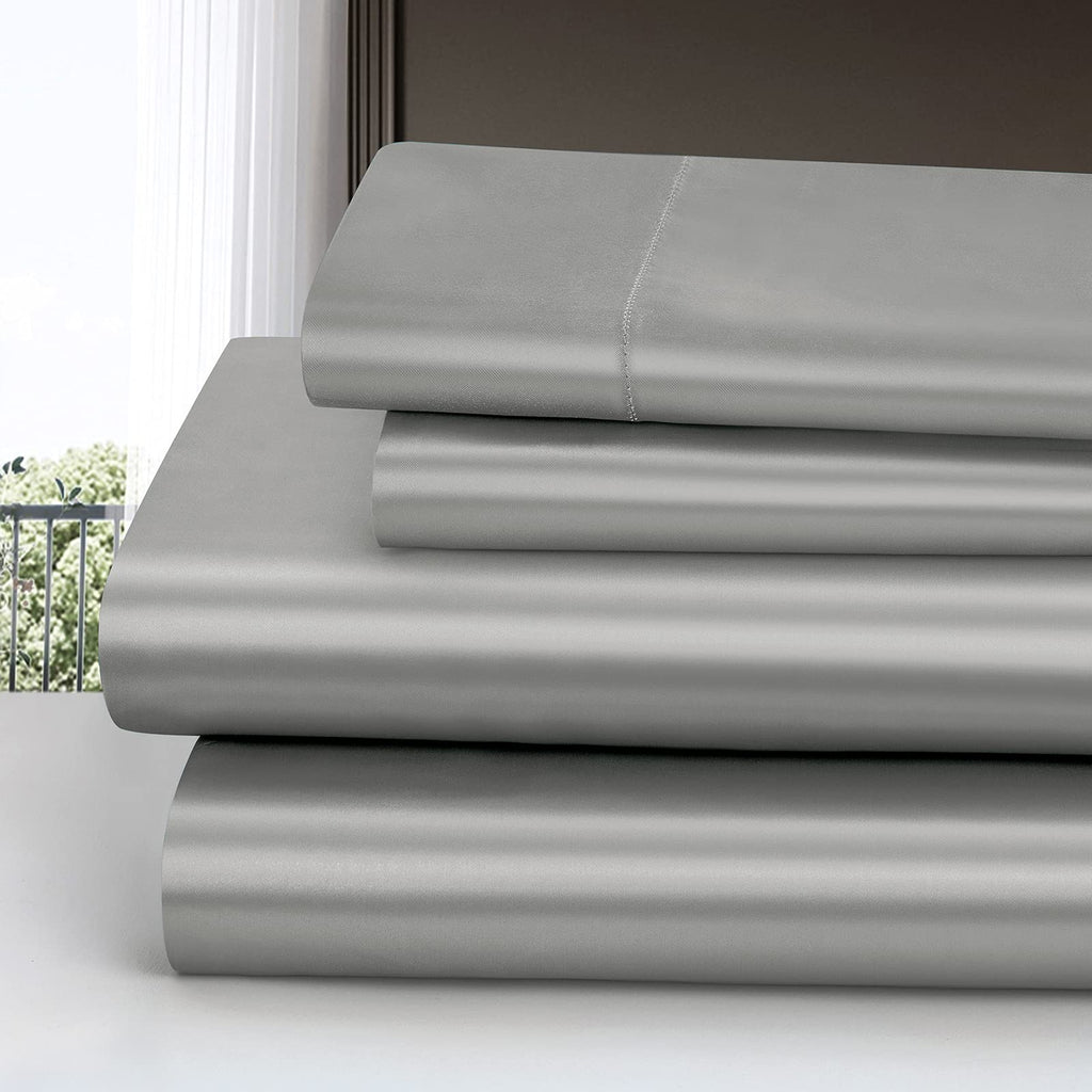 Homiest 4Pcs Satin Sheets Set Luxury Silky Satin Bedding Set With Deep Pocket, 1 Fitted Sheet + 1 Flat Sheet + 2 Pillowcases (King Size, Light Grey)